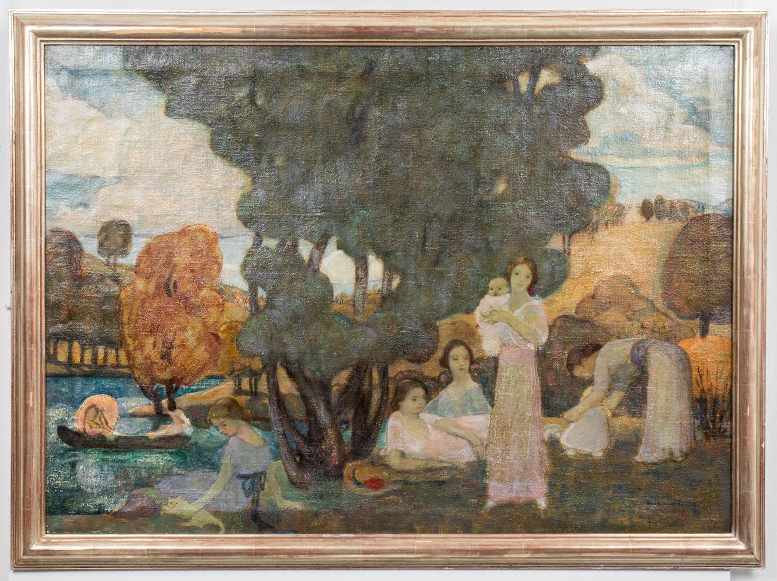Ferol Sibley Warthen Oil on Canvas, 1915: Ferol Sibley Warthen (American, 1890-1986) oil on canvas, 1915, Post-Impressionist landscape with women at leisure in idyllic setting by stream, signed lower right: "Ferol Sibley," signed and dated on