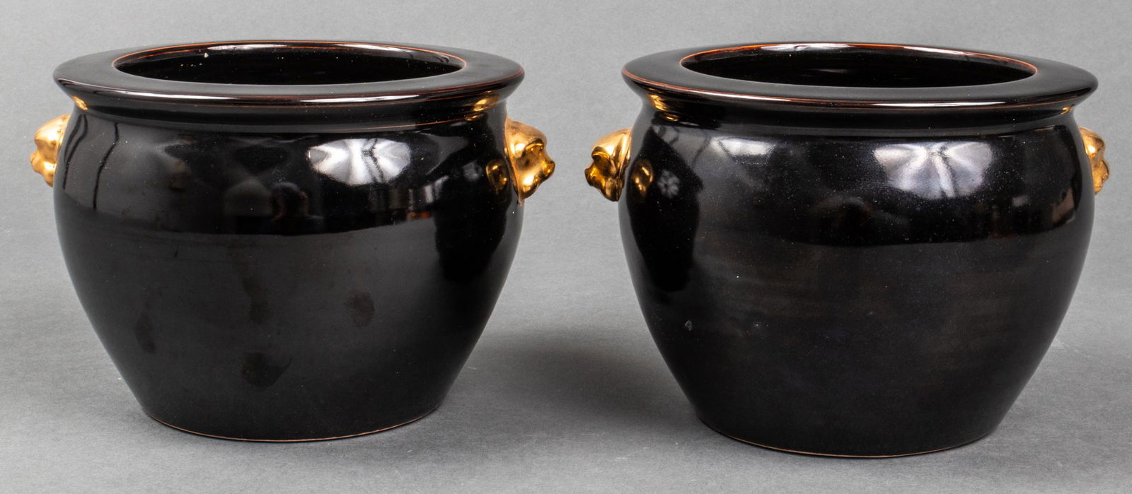 Chinese Parcel Gilt Black Ceramic Cachepots, Pair (1 of 5)