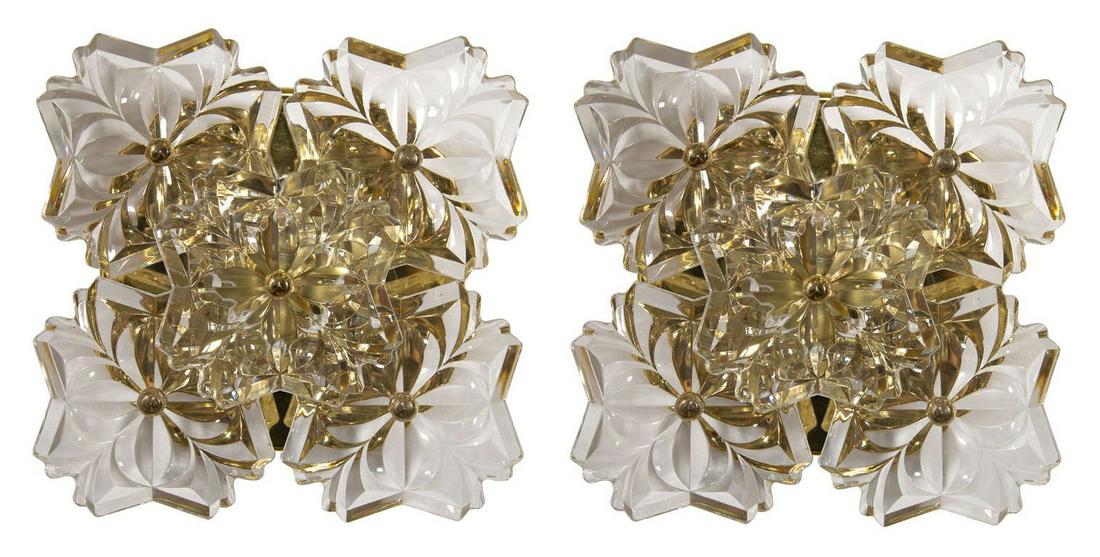 Mid-Century Modern Glass Flower Form Sconces, Pair: Mid-century modern brass and cut-glass vintage floral form sconces, circa 1970s. 8" diameter.