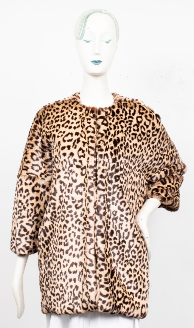 Jennifer Meyer Faux Fur Coat: Jennifer Meyer for Barneys New York faux spotted fur collarless coat / jacket, the front with five hook-and-loop closure, the interior lined in black satin fabric, with "Jennifer Meyer Barneys New Yor