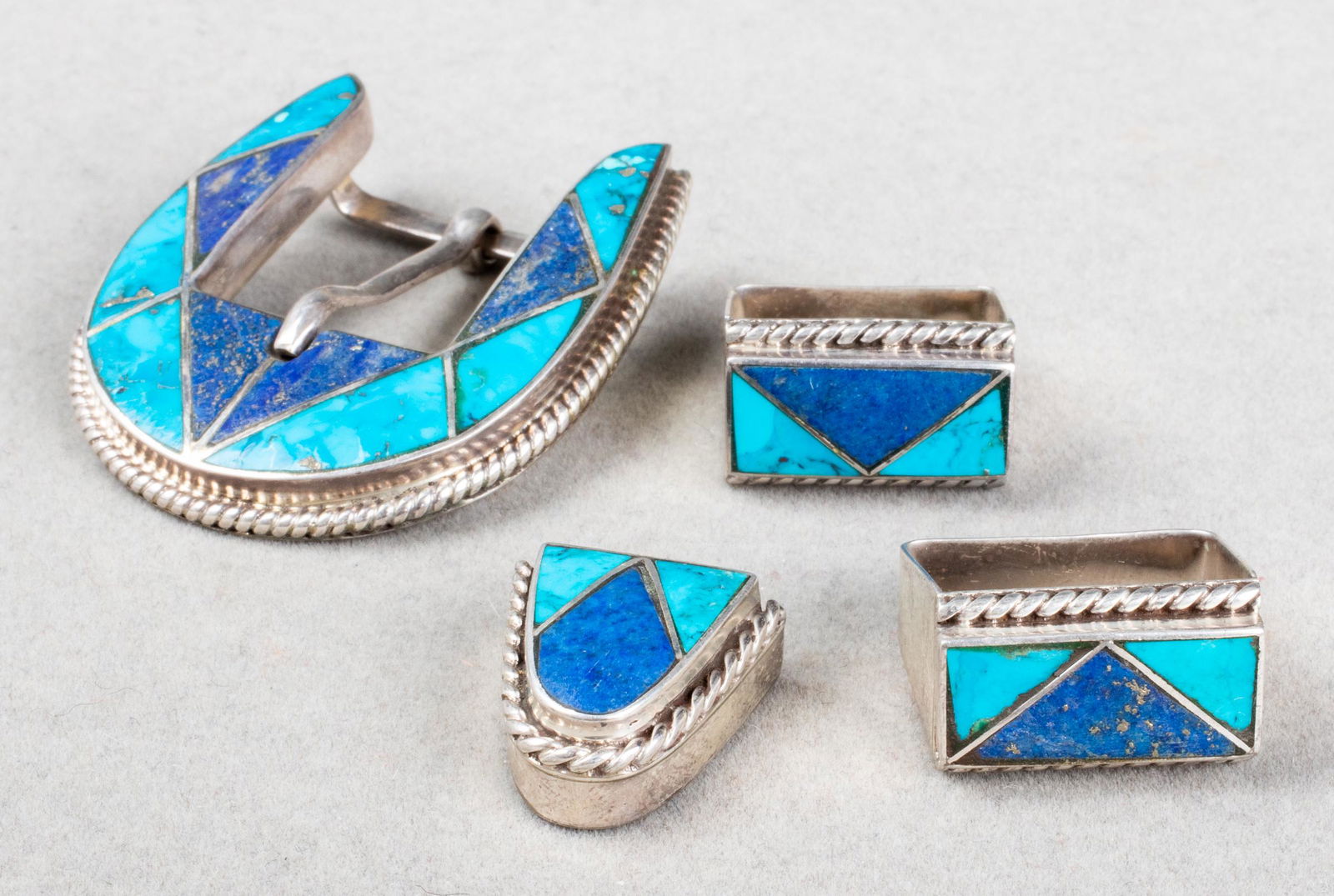 Navajo Silver Turquoise & Lapis Belt Buckle 4 Pcs. (1 of 5)