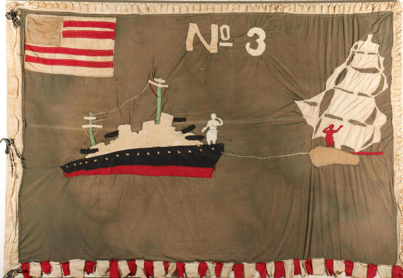 20th C. Ghana Asafo Flag W Ship & Tanker Motif: Ghana Asafo embroidered linen flag, first half 20th century, depicting "No. 3" and ship and tanker motifs with American flag in the upper left corner, mounted on canvas. 46" H x 66" W. Fading, losses.