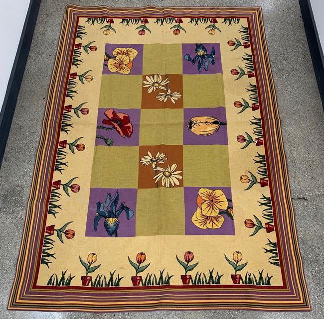 J. Pansu French Designer Throw Rug 6 x 4: J. Pansu French designer cotton throw rug with Arts & Crafts style floral decoration, bearing maker's tag at one corner. 6' 4" x 4' 6". Scattered soiling / staining.