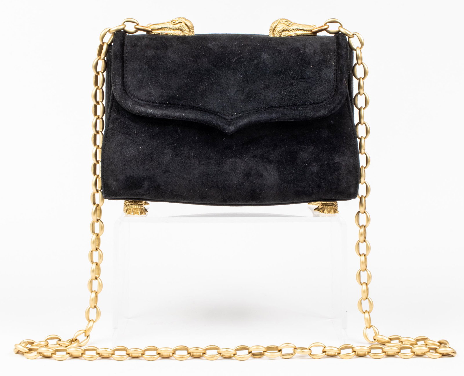 Kieselstein-Cord Black Velvet Trophy Handbag: Barry Kieselstein-Cord black suede "Trophy" handbag with gold-tone alligator motif hardware and link chain, base with feet and stamped with logo, the interior with green suede lining and with label "B