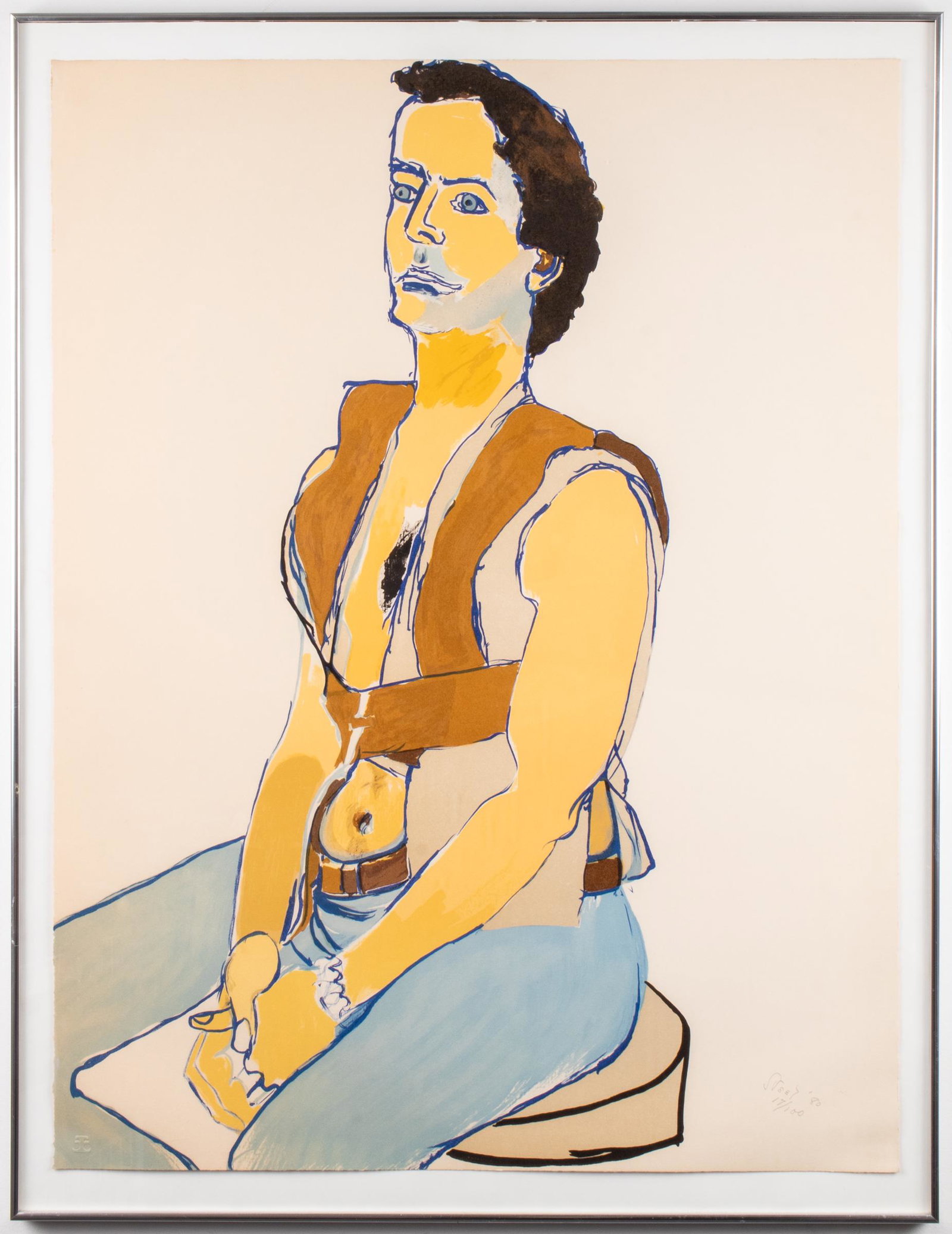Alice Neel "Man in Harness" Lithograph, 1980: Alice Neel (American, 1900-1984) "Man in Harness," lithograph, 1980, signed and dated in pencil lower right, edition 17 / 100, blindstamp lower left. Sheet: 36" H x 27.5" W; frame: 39.5" H x 30.25" W 