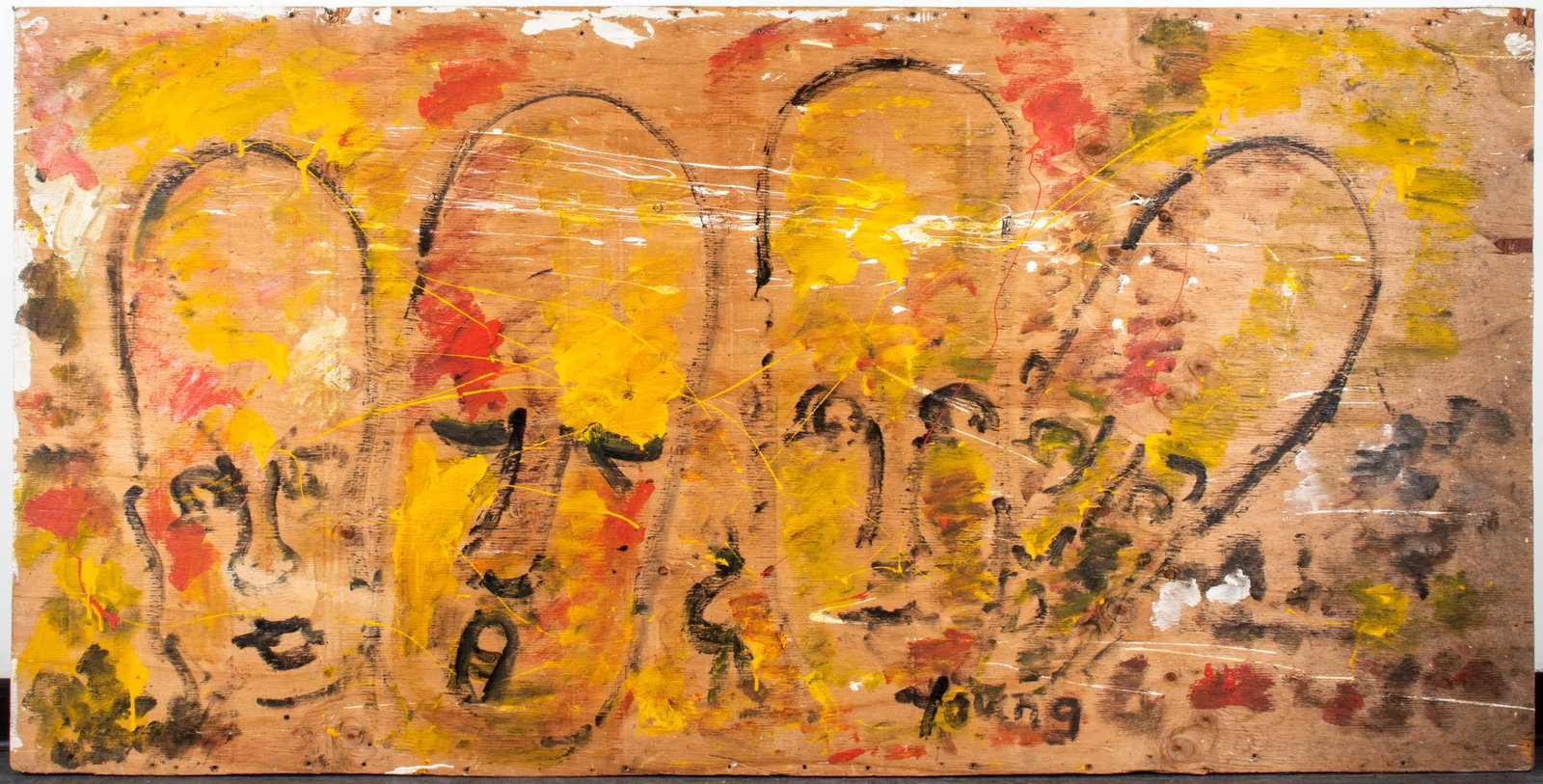 Purvis Young Folk / Outsider Art Large Panel: Purvis Young (American, 1943-2010) Folk / Outsider Art large painted wood panel / board, depicting four heads, signed in image: "Young." 40.5" H x 80.5" W. Provenance: Property from a downtown collect