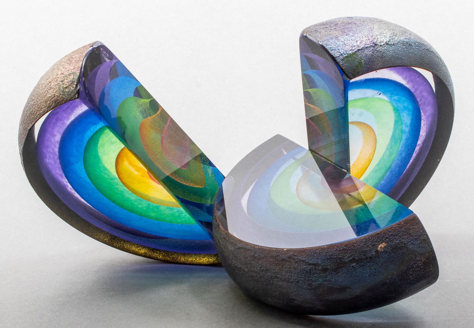 Leon Applebaum "Rainbow" Art Glass Sculpture: Leon Applebaum (American, b. 1945), modern art glass sculpture, composed of three rainbow demilune forms, signed: "Leon Applebaum." 7" H x 12" W.