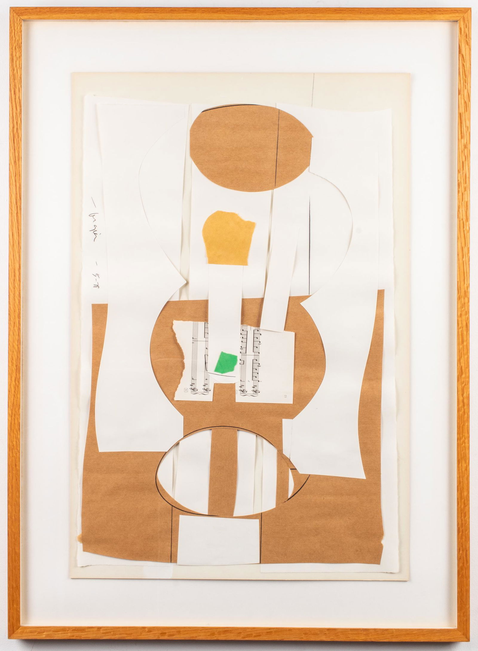 Ernest Frazier "Homage to Form" Collage: Ernest Frazier (American, XX - XXI), "Homage to Form," 1979, paper collage featuring an abstract composition with sheet music, possibly depicting a guitar, signed lower right and dated "5-79," label a