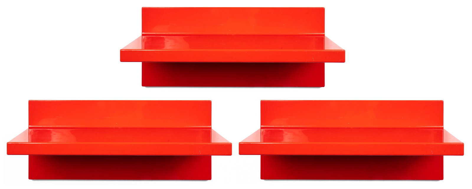 Marcello Siard for Kartell Modern Wall Shelves, 3: Marcello Siard for Kartell mid-century modern wall-mounted shelves, set of three in red molded plastic, made in the USA by Beylerian, signed with stamped marks. 13.75" H x 31" W x 12" D.