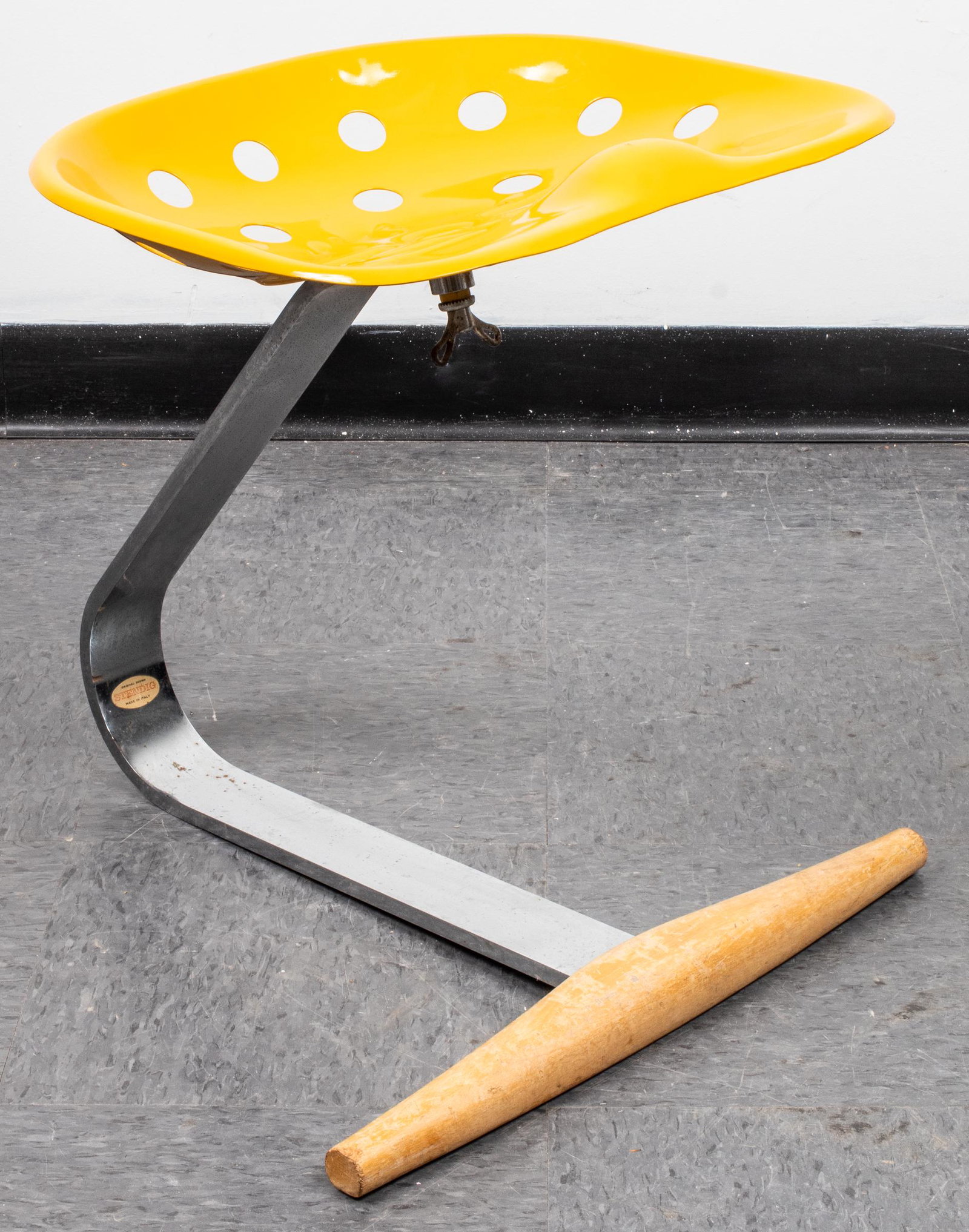 Castiglioni for Zanotta "Mezzadro" Modern Stool: Achille and Pier Giacomo Castiglioni for Zanotta mid-century modern "Mezzadro" stool, with yellow enameled seat, chromed steel and beech wood base, manufacturer's mark on chrome base, with additional