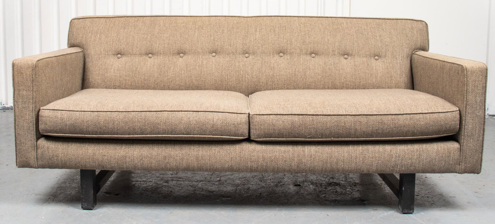 Dunbar Style Modern Upholstered Sofa: Modern Dunbar style upholstered sofa with tufted button back, in the mid-century manner of Edward Wormley, Florence Knoll, or Ludwig Mies van der Rohe. 32” H x 75.5” W x 33.5” D.