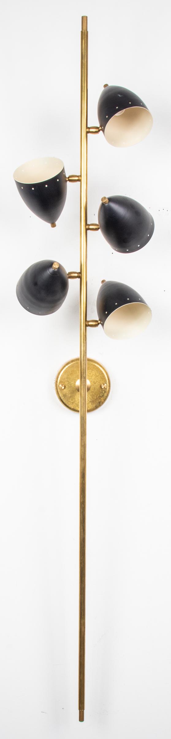 Serge Mouille Style Modern Wall Sconce: Serge Mouille style mid-century modern style wall sconce with five conical perforated black enameled metal shades. 61" H x 11" W x 6.5" D.