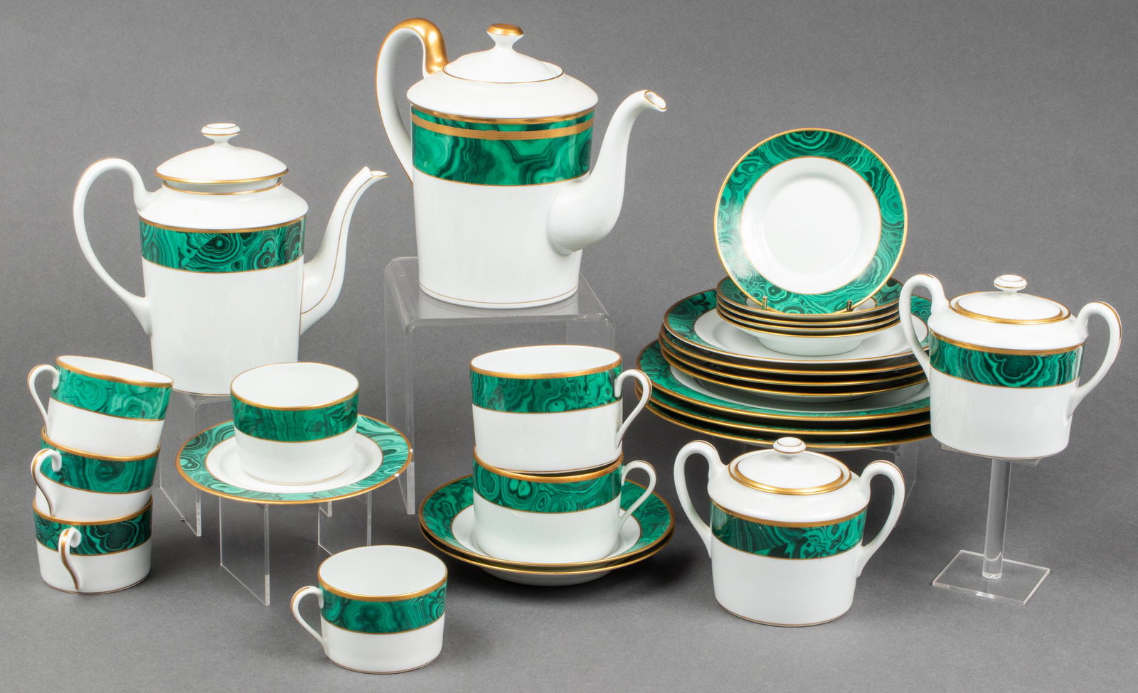 Christian Dior "Malachite" Partial Service, 26 Pcs: Christian Dior porcelain partial service in "Malachite" pattern, includes three dinner plates, four salad plates, four teacups with five saucers, two coffee cups with corresponding saucers, one finger