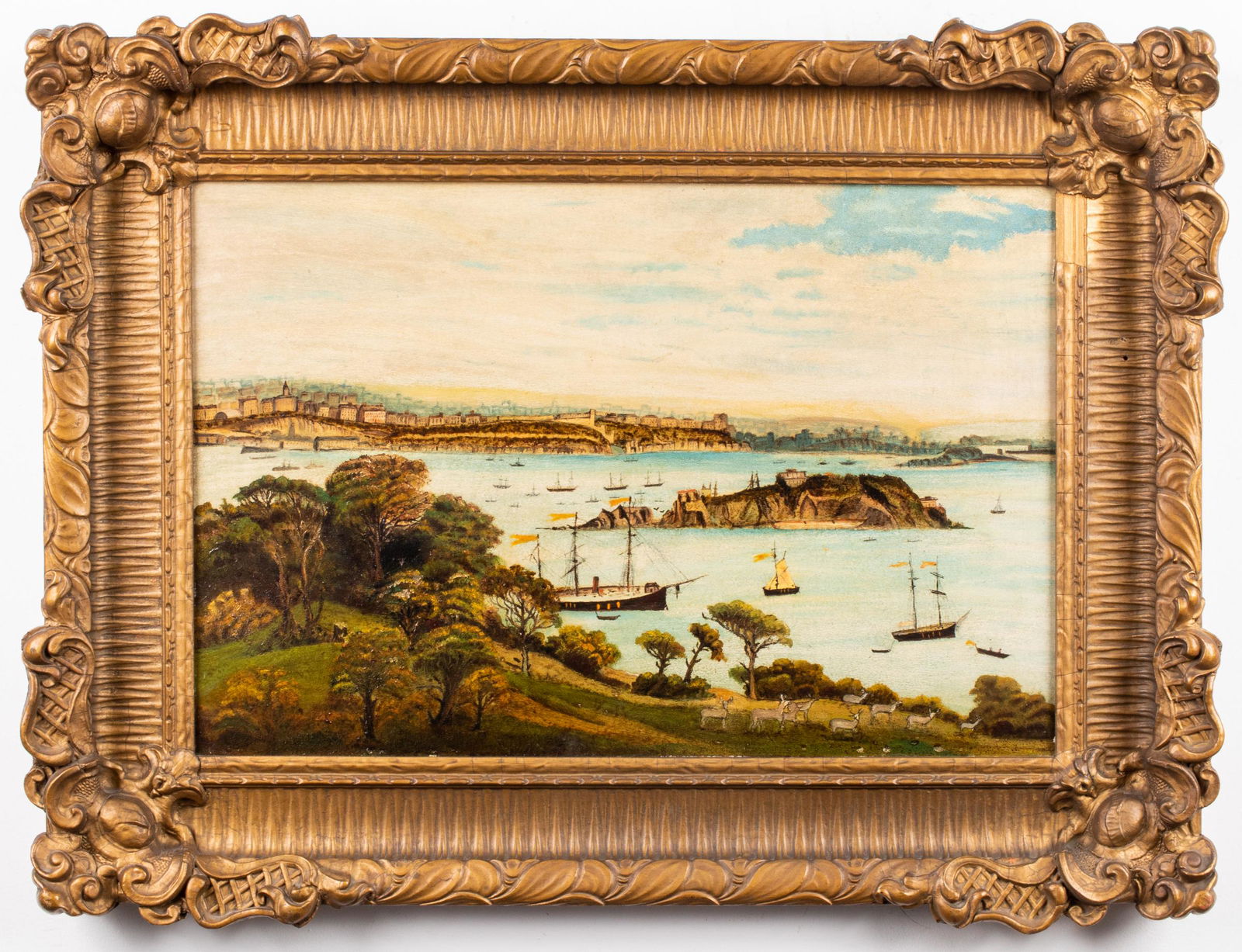 American School Harbor Scene Oil on Masonite: American School maritime oil on masonite depicting ships and boats in the Boston Harbor, rendered in the primitive / Naive manner, unsigned, label for "Caropreso Gallery" affixed to reverse. Image: 15