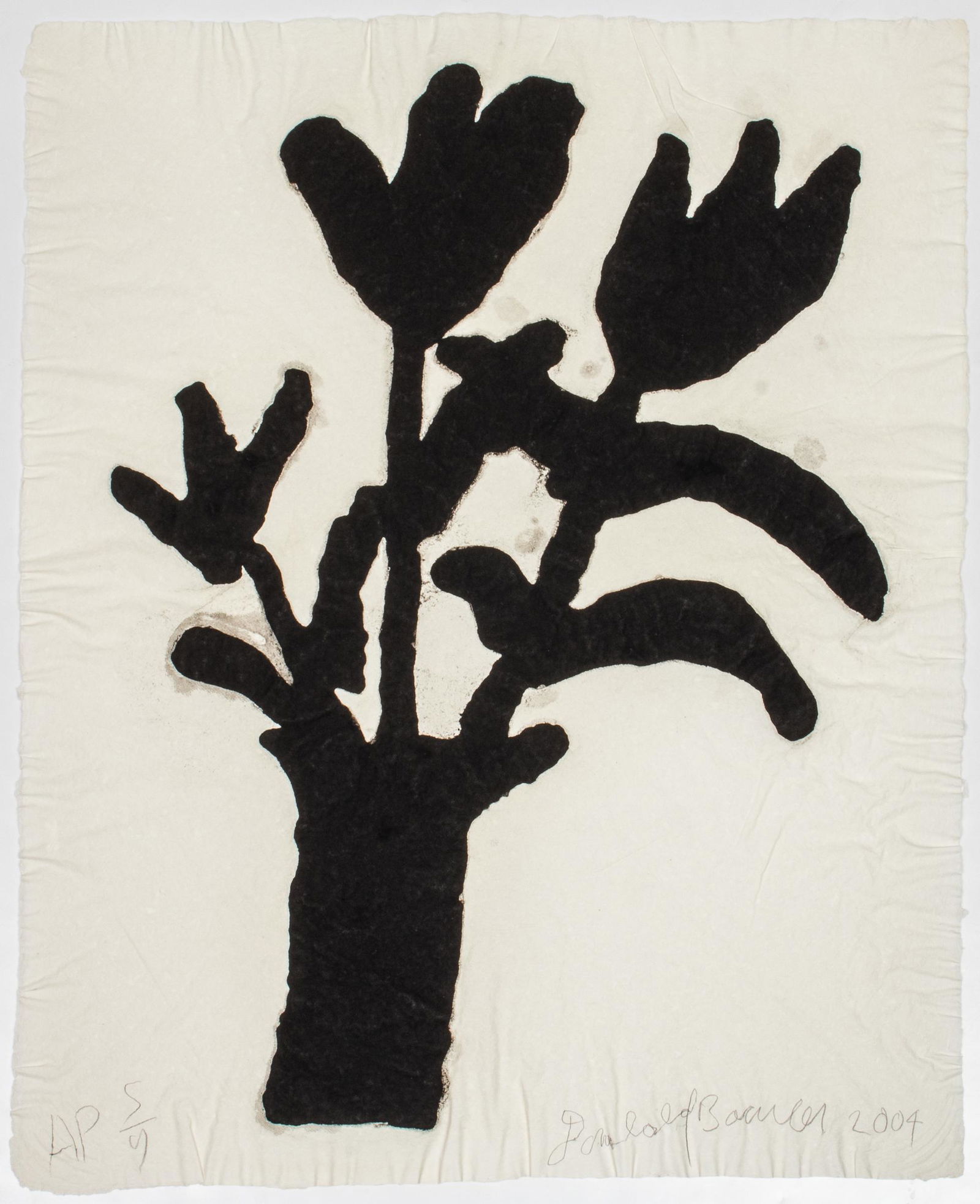 Donald Baechler "Flower Vase" Ink on Paper Print: Donald Baechler (American, b. 1956) ink on paper print, possibly a silkscreen, on handmade paper, showing stylized flowers in vase, signed and dated "2004" lower right, artist's proof, edition 5 / 9,