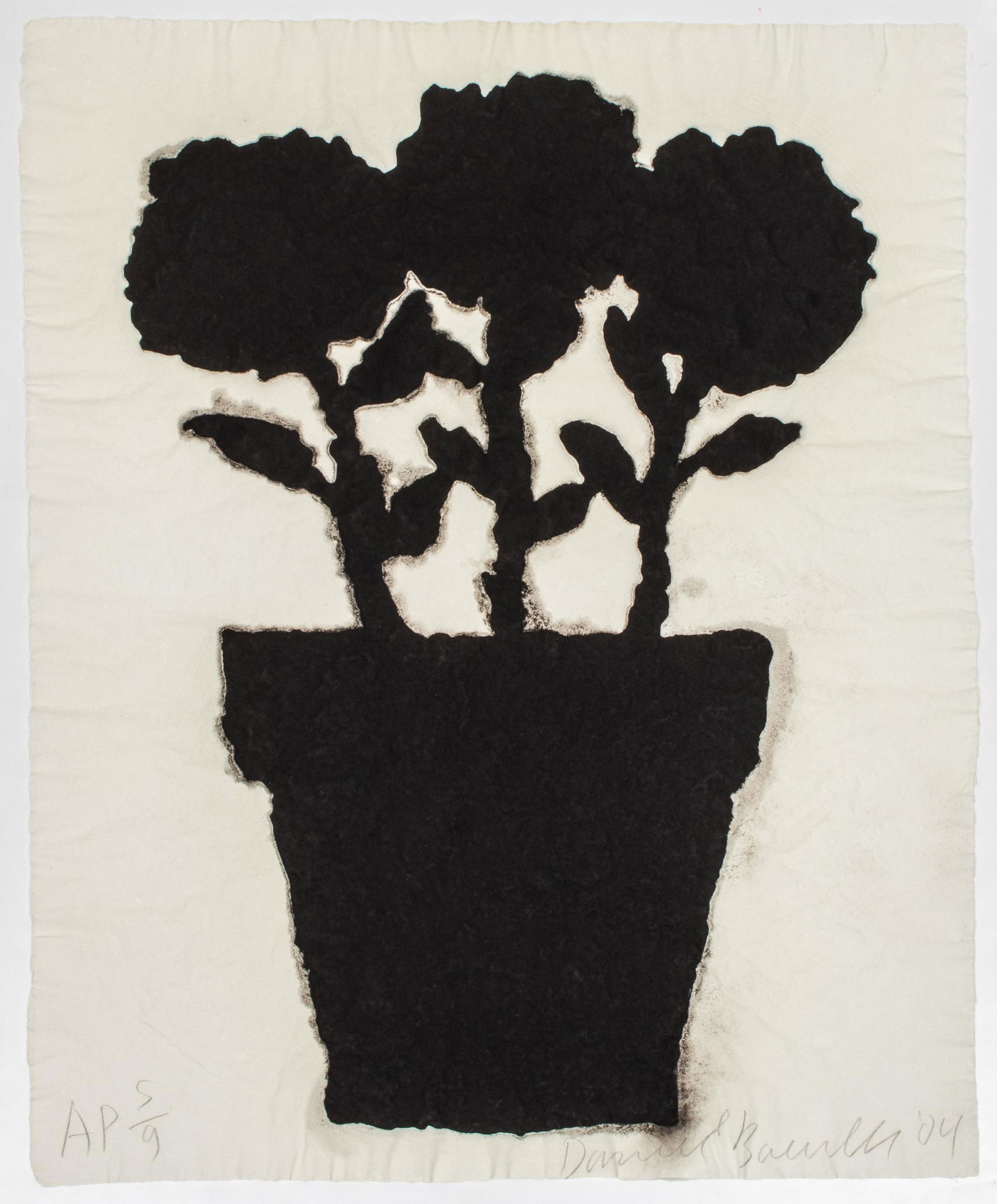 Donald Baechler "Flower Pot" Ink on Paper Print: Donald Baechler (American, b. 1956) ink on paper print, possibly a silkscreen, on handmade paper, showing stylized flowers in planter, signed and dated "04" lower right, artist's proof, edition 5 / 9,