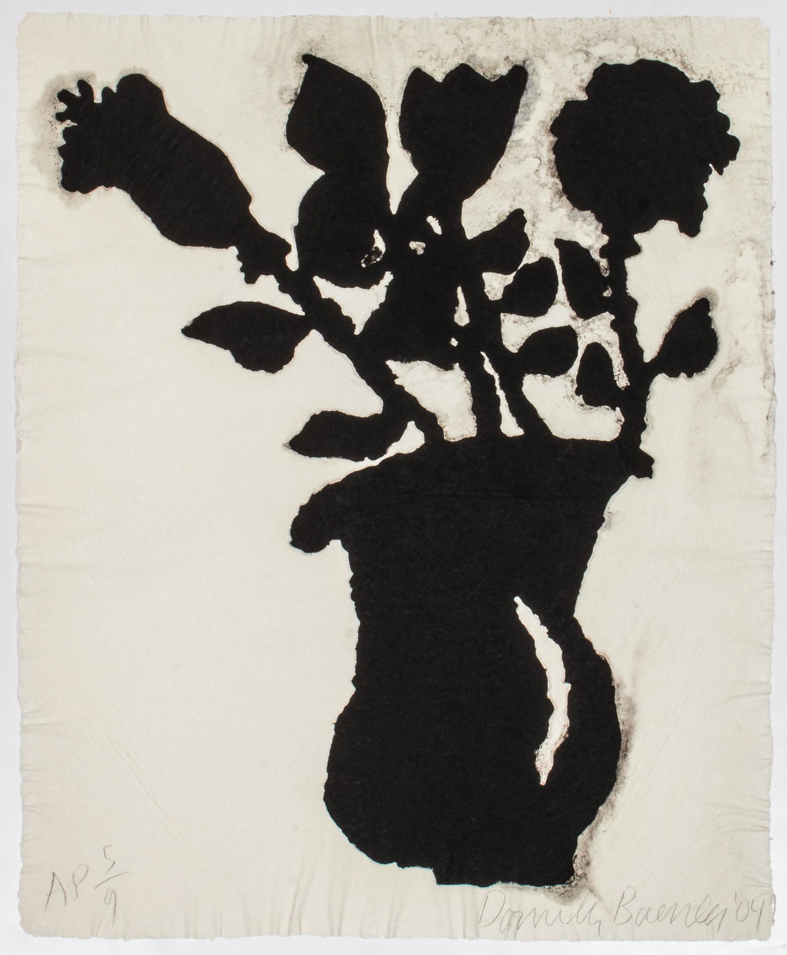 Donald Baechler "Flower Vase" Ink on Paper Print: Donald Baechler (American, b. 1956) ink on paper print, possibly a silkscreen, on handmade paper, showing stylized flowers in vase / pitcher, signed and dated "04" lower right, artist's proof, edition