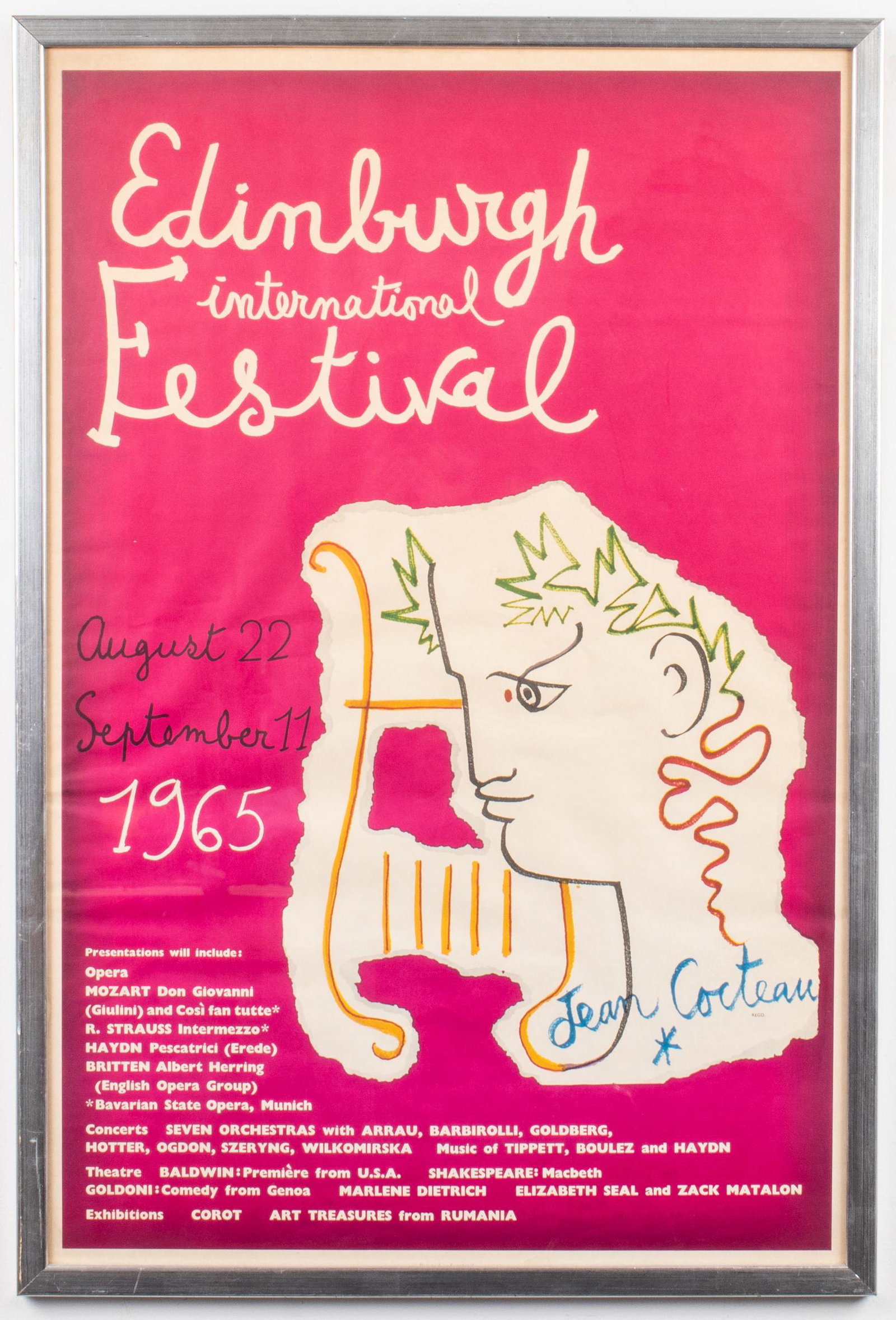 Jean Cocteau Edinburgh Intl. Festival Poster: Edinburgh International Festival poster on paper, 1965, featuring vignette of "Orpheus with Harp" by Jean Cocteau (French, 1889-1963), stamped "Printed in Scotland" under frame. Image: 29.5" H x 19.5"