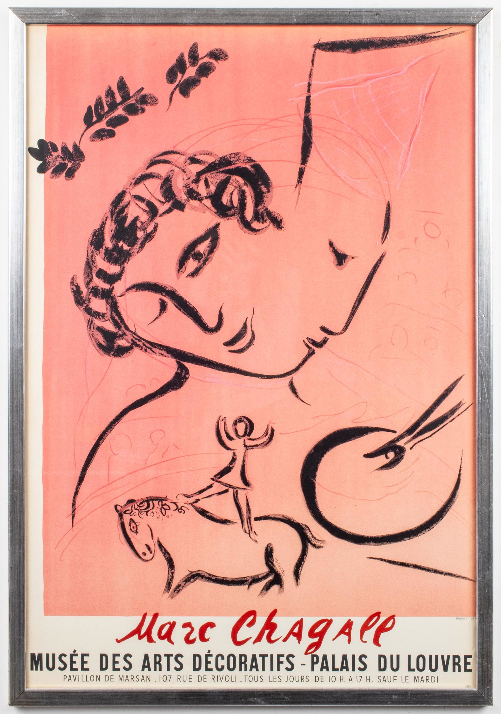 Marc Chagall Musee Des Arts Decoratifs Poster: Marc Chagall (French / Russian, 1887-1985), "Musee des Arts Decoratifs, Palais du Louvre," lithographic exhibition poster on paper, stamped "Mourlot Imp..." lower right, with pencil marks "100" under 