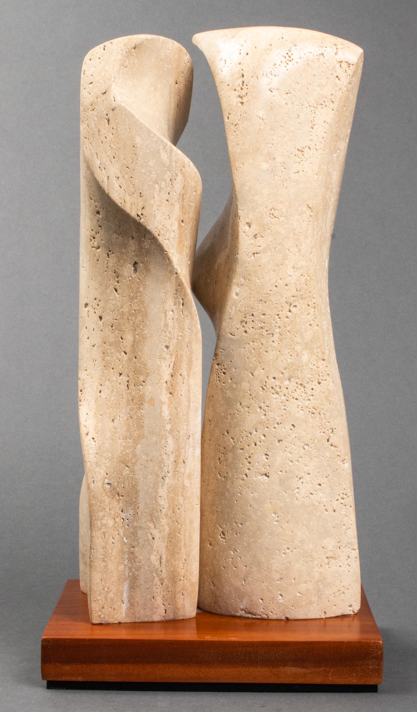 Lilly M. Tussey Modern Carved Travertine Sculpture: Lilly M. Tussey (American, XX-XXI) modern carved travertine sculpture, depicting two abstract biomorphic forms, signed at bottom corner: "Lilly Tussey," mounted to wood base. Overall: 19" H x 9.25" W 