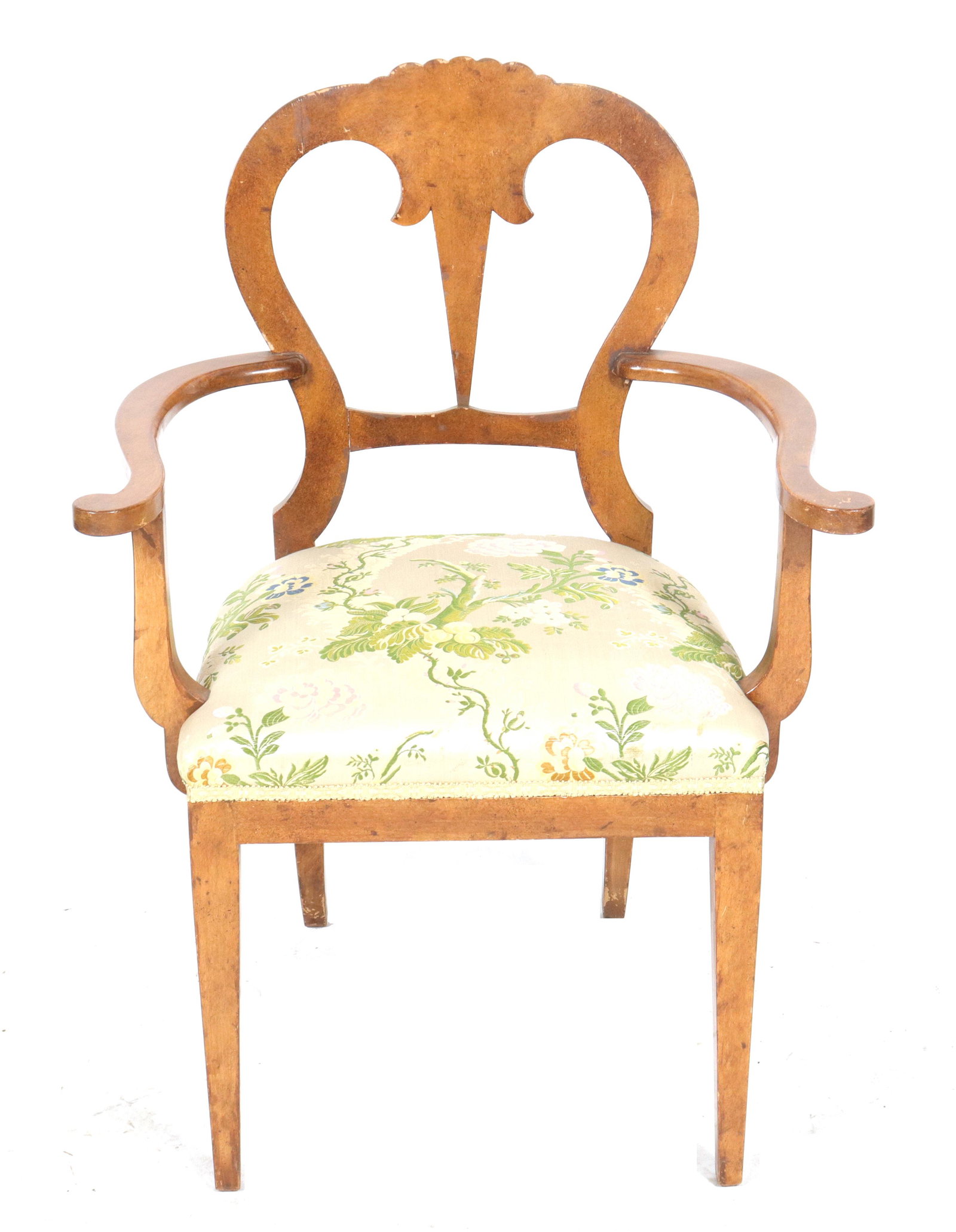 Biedermeier Manner Open Armchair, Late 19th C.: Fin de siècle Biedermeier manner open armchair with floral silk upholstered seat. 38" H x 26" W x 26" D.