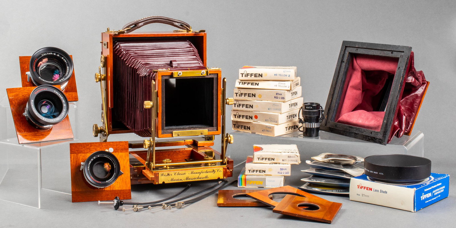 Wisner 4 x 5 Technical Field Camera w Accessories: Wisner 4 x 5 technical field camera with three Calumet lenses, walnut and brass body with calf leather bellows and additional bag bellows, includes accessories, three lenses include one Calumet Caltar