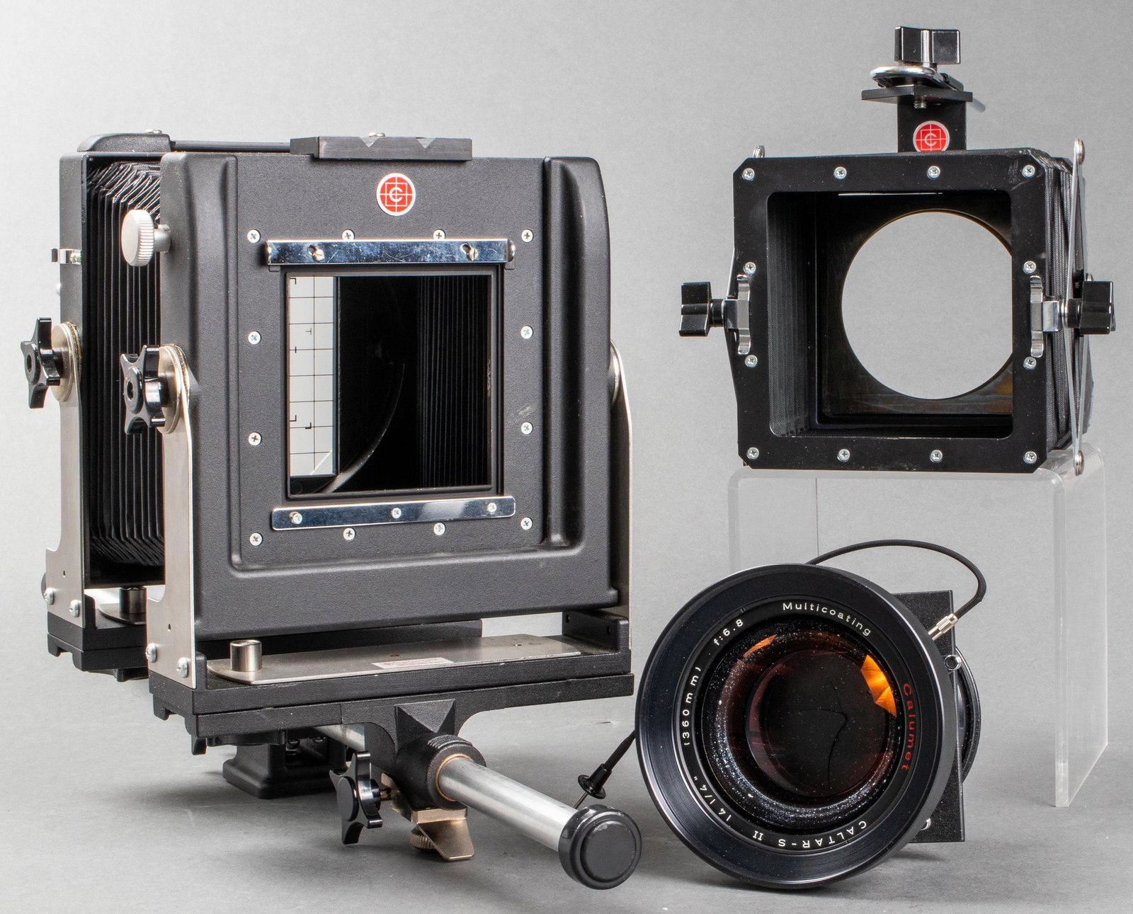 Calumet 4 x 5 Monorail View Camera with Lens: Calumet 4 x 5 large format view camera with monorail and Calumet 360mm 1:6.8 lens with copal no. 3 shutter, with additional bellows attachment. Hardshell Viking case: 14.5" H x 28.5" W x 11" D.