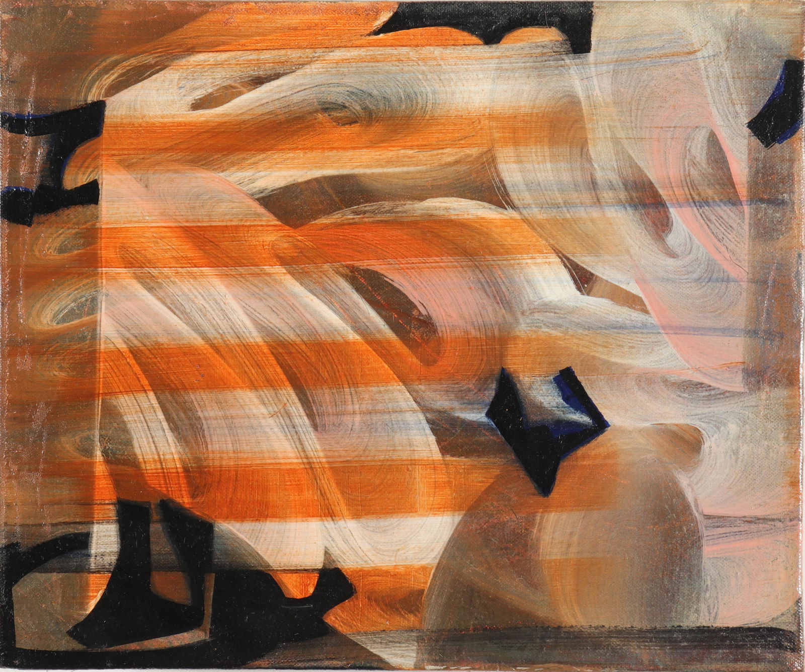 Marianne Stikas Abstract Expressionist Oil: Marianne Stikas (American XX) abstract expressionist oil on canvas with swirls and stripe motifs, unframed, signed and dated on reverse: "Stikas 93." 10" H x 12" W x 2" D.