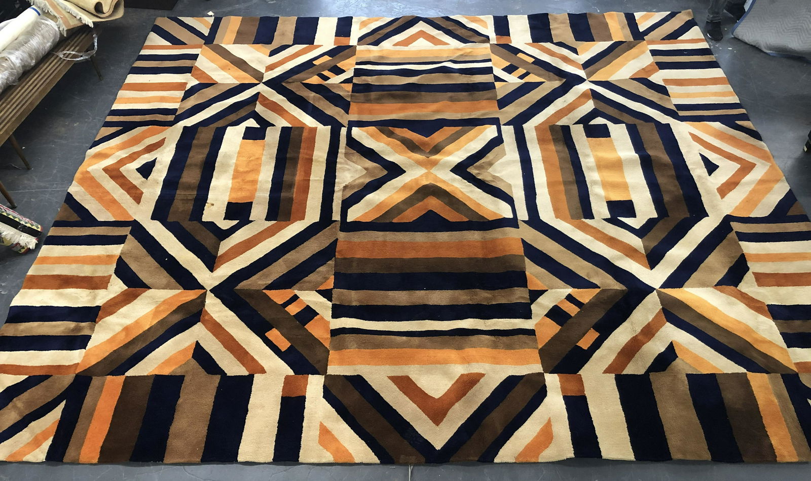 Edward Fields Geometric Carpet 14' x 16': Edward Fields modern geometric motif carpet, signed to underside. 13' 11" L x 15' 10" W.