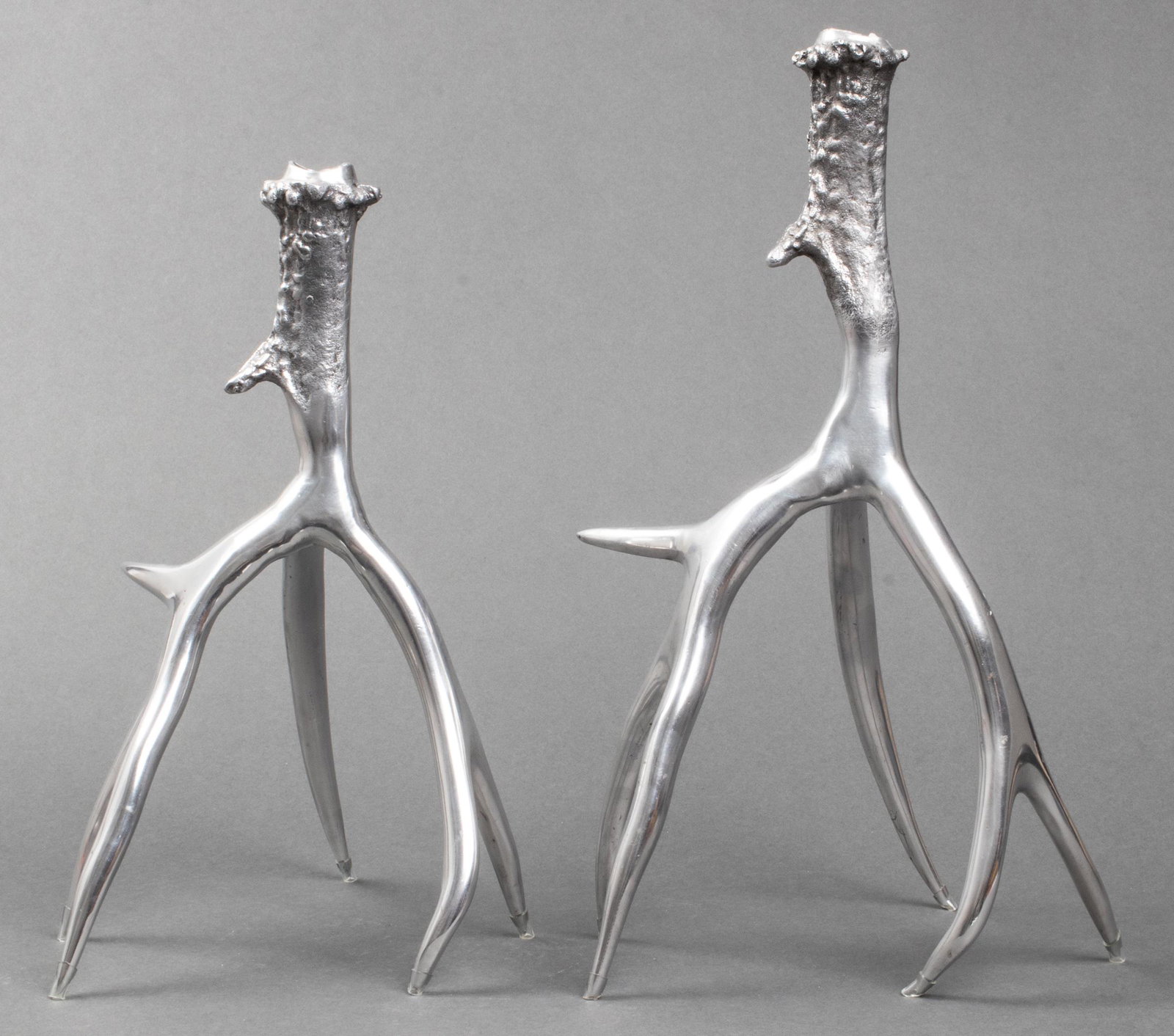Cast Metal Stag Antler Candlesticks, Pair: Pair of cast metal candlesticks in the form of stag antlers. Taller: 16.5" H x 10" W x 7.25" D.