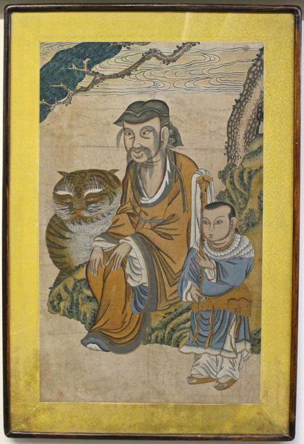Korean Mountain Spirit Painting with a Tiger: Painting of the Mountain God, Sanshin, with a tiger and an attendant holding a staff. Sanshin is the god most often appealed to for fertility, prosperity, and longevity by Koreans, ink and color on pa