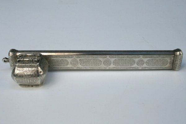 Turkish Sterling-Silver Joined Brushbox/Inkwell: Joint brushbox and inkwell etched with calligraphic decorative patterns, sterling silver, Turkey, nineteenth century; illegible tughra, or seals of an Ottoman sultan, are stamped on the lids and botto