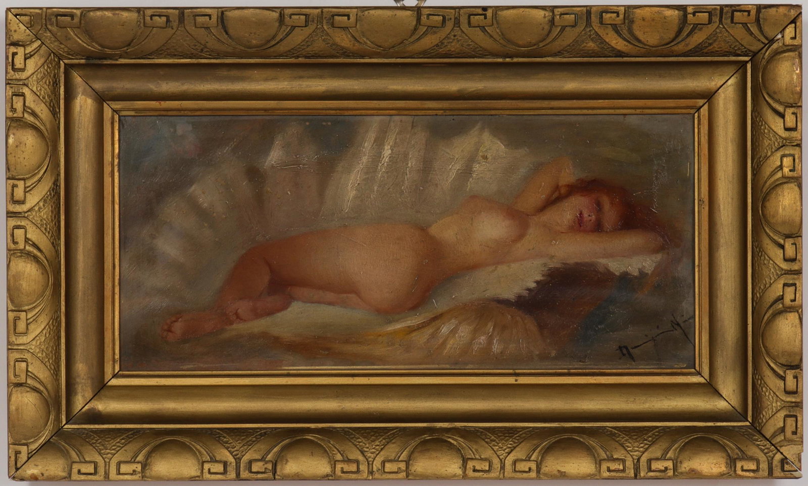 Signed Continental School Woman on Clamshell Oil: Illegibly signed Continental School oil on board depicting nude woman lounging atop clamshell, bearing illegible signature lower right, early 20th century. Image: 8" H x 18.5" W; frame: 15" H x 25.5" 