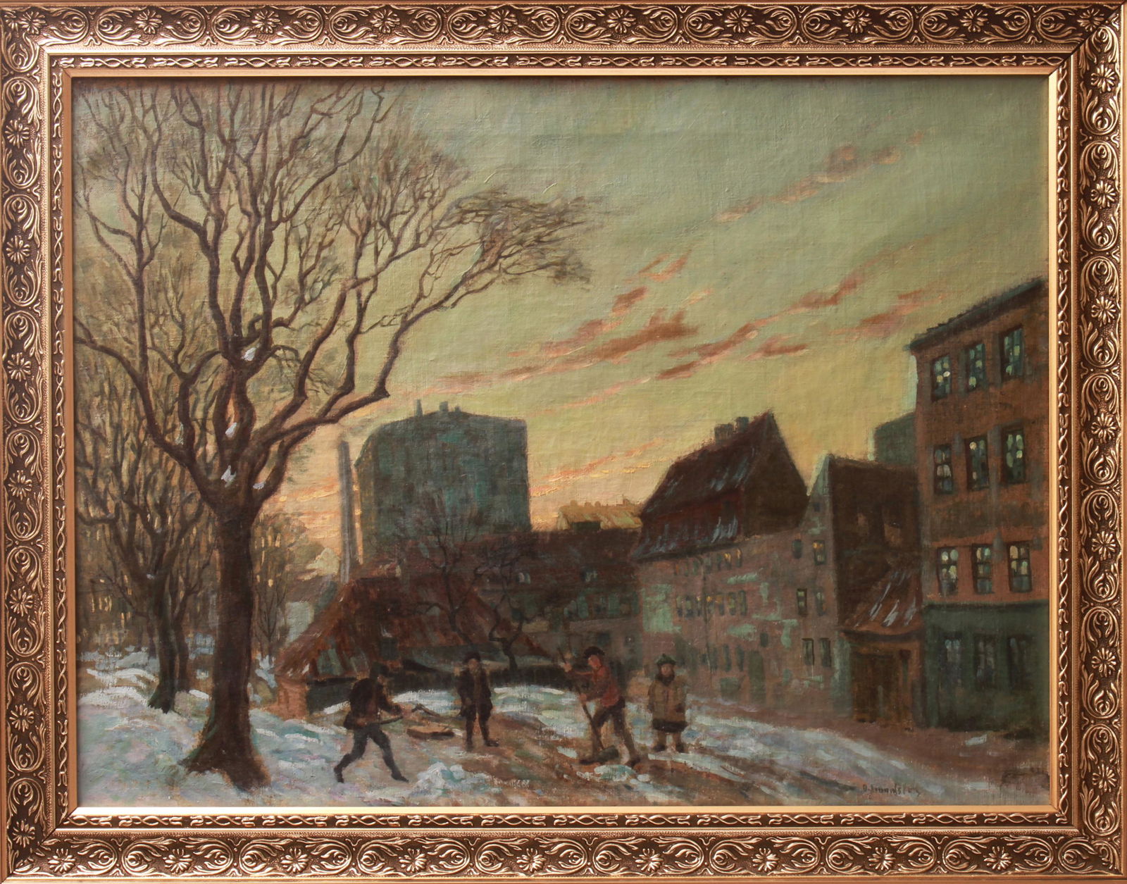 Illegibly Signed Winter Cityscape Oil on Canvas (1 of 5)