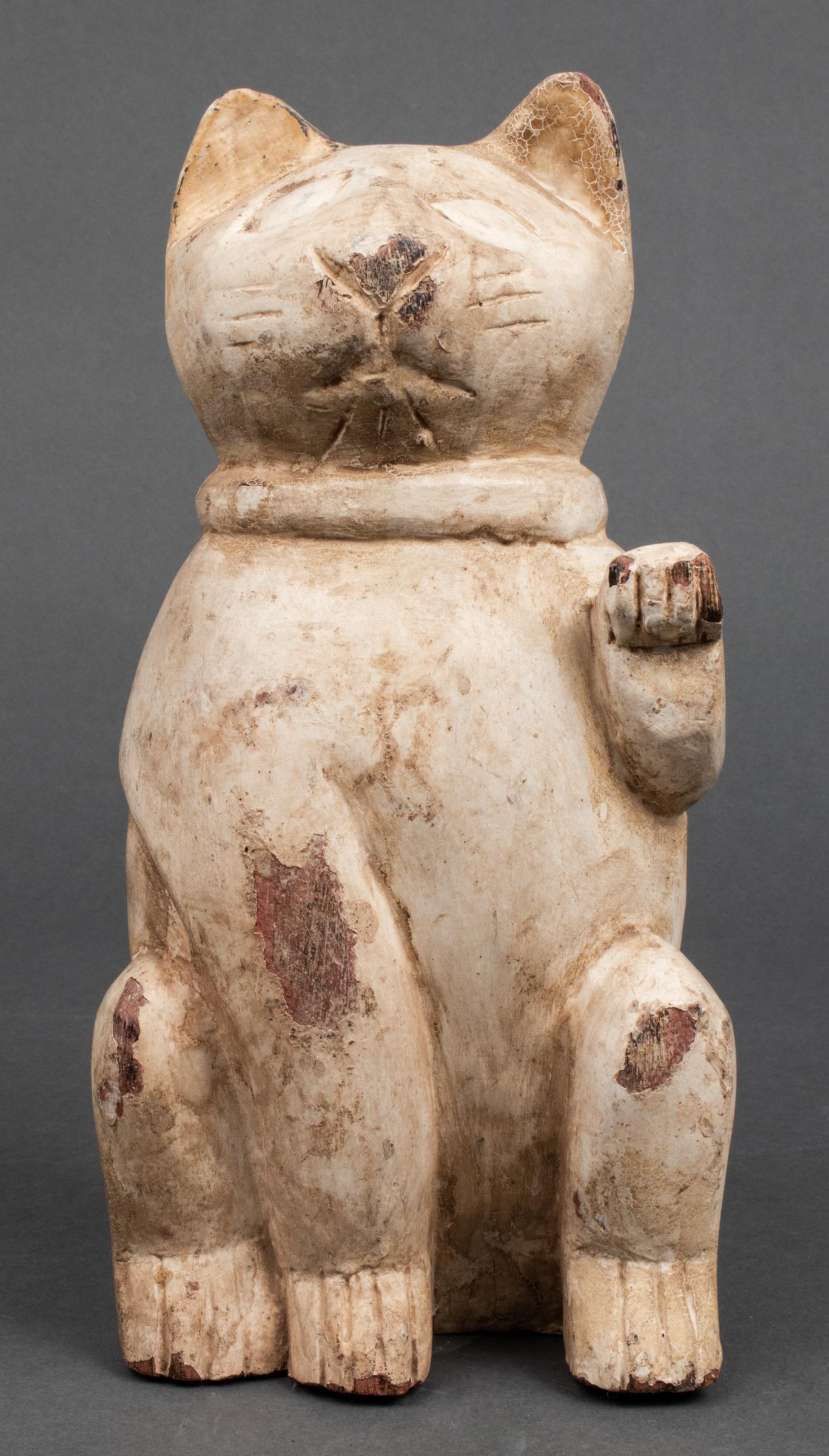 Antique Japanese Wood Maneki-Neko Lucky Cat Figure (1 of 8)