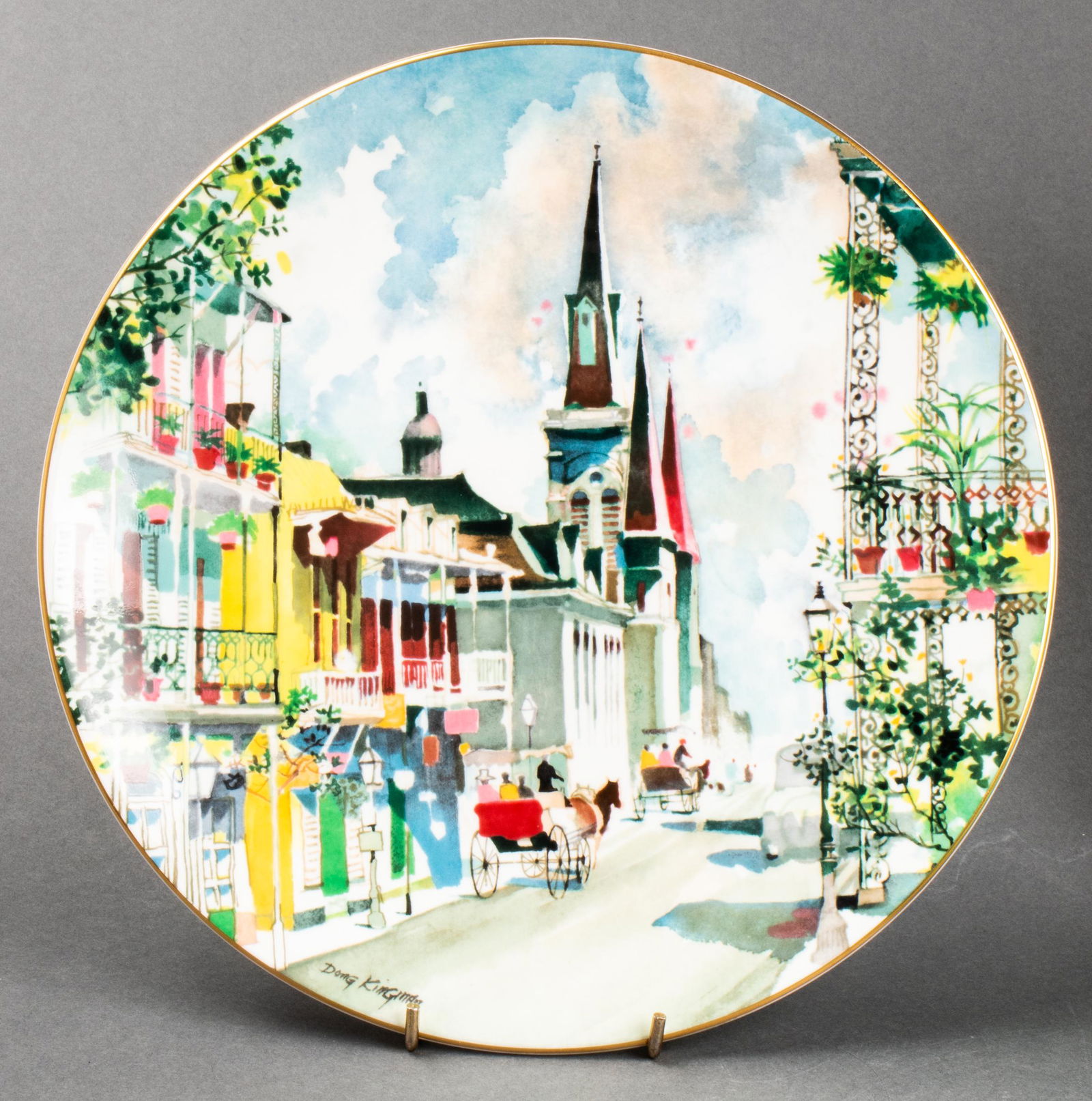 Royal Doulton, Dong Kingman, Porcelain Plate: Limited Edition plate "French Quarter" (New Orleans), after a work by Dong Kingman, Collector's International by Royal Doulton, 1976, 9215/15,000. Maker's mark and edition information to underside, bo