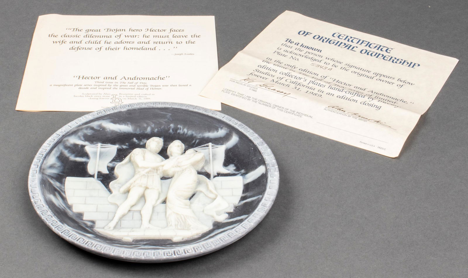 Inoclay Studios Black Onyx Cameo Stone Plate: Limited edition Inoclay Studios of California 1988 black onyx sculptured cameo plate entitled "Hector and Andromache.". The plate is part of a series inspired by Homer's "the Iliad" and includes a cer