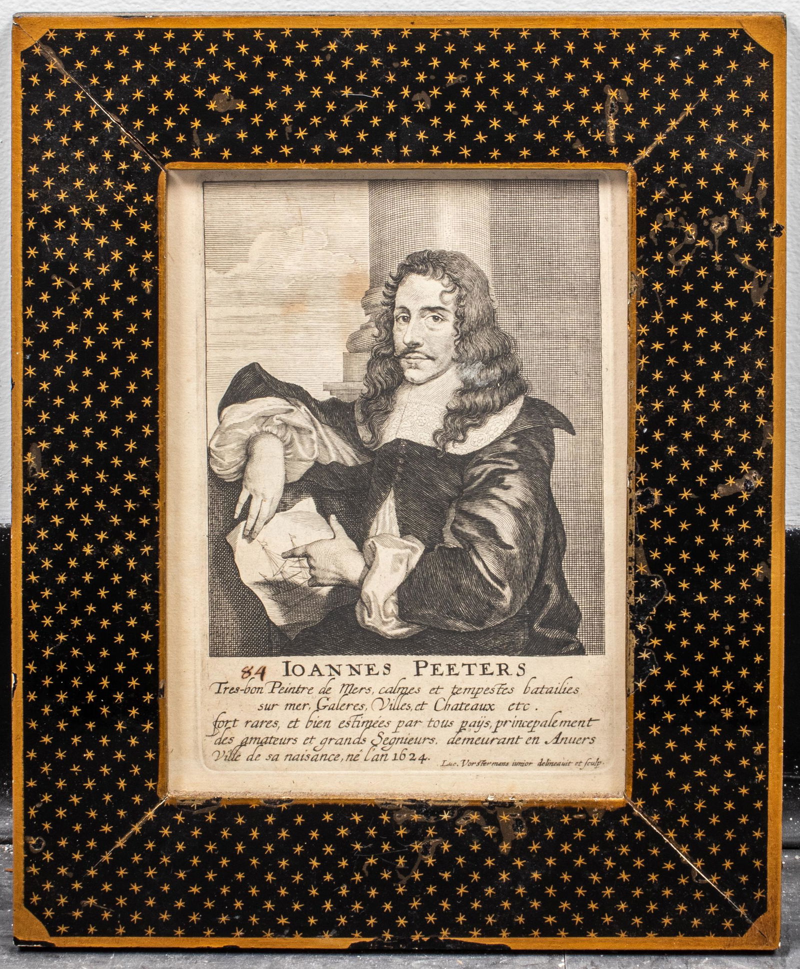 17th c. Engraving of Joannes Peeters: 17th c. engraving of Flemish artist Jan Peeters published by J. Meyssens in "The True Effigies of the Most Eminent Painters and other Famous Artists," 1694 with text in French below image. Image: 7" H