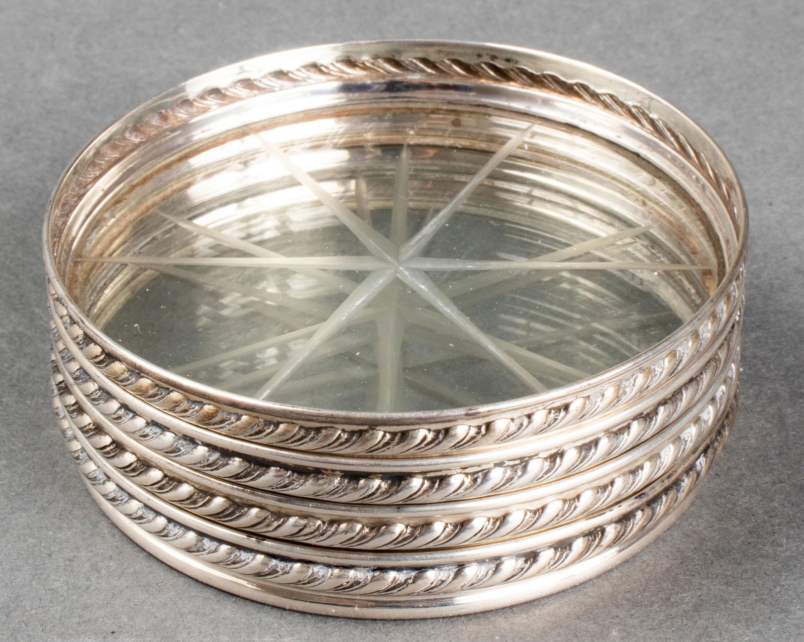 Sterling Silver and Etched Glass Coaster, 4 Pcs. (1 of 3)