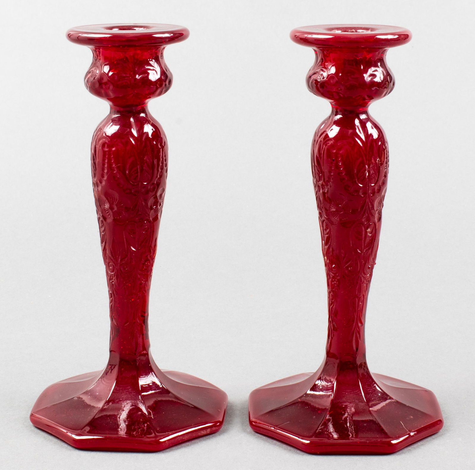 Ruby Glass Candlestick Holders, Pair (1 of 4)
