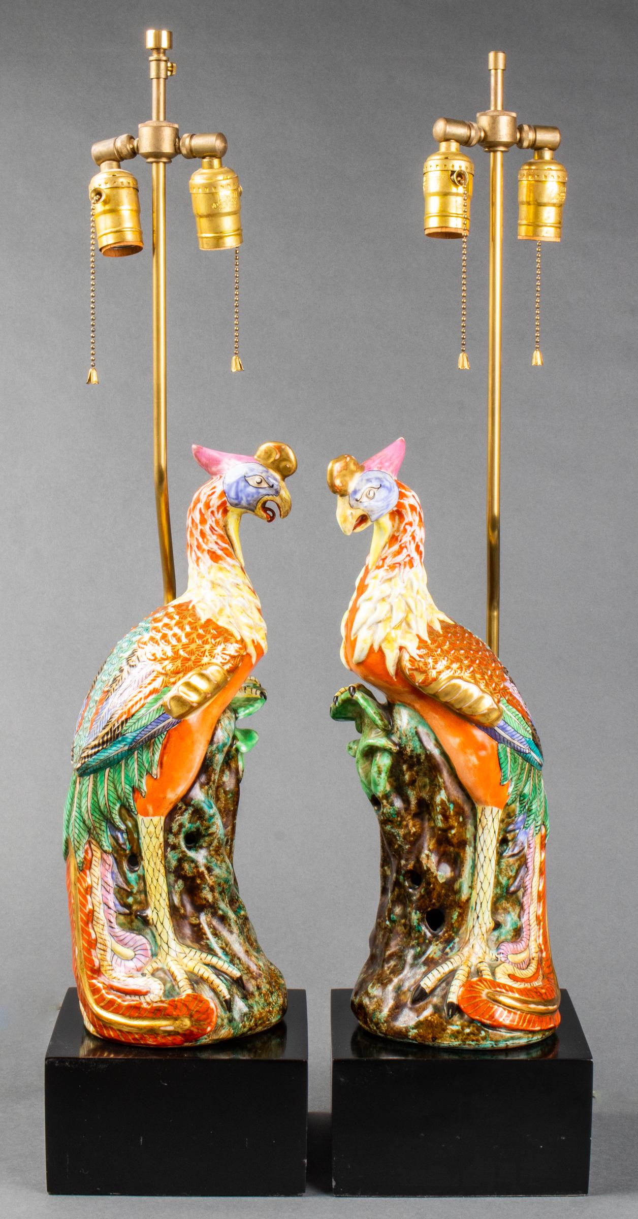 Chinese Export Porcelain Phoenix Lamps, Pair (1 of 15)
