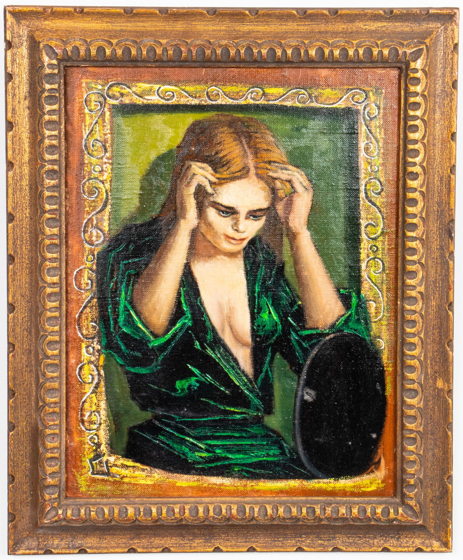 Albert Pels "Woman at the Mirror" Oil on Board: Albert Pels (American, 1910-1988) oil on board, depicting portrait of a woman in green robe looking through mirror, signed lower left: "Pels." Image: 17.5" H x 13.25" W; frame: 22" H x 18" W.