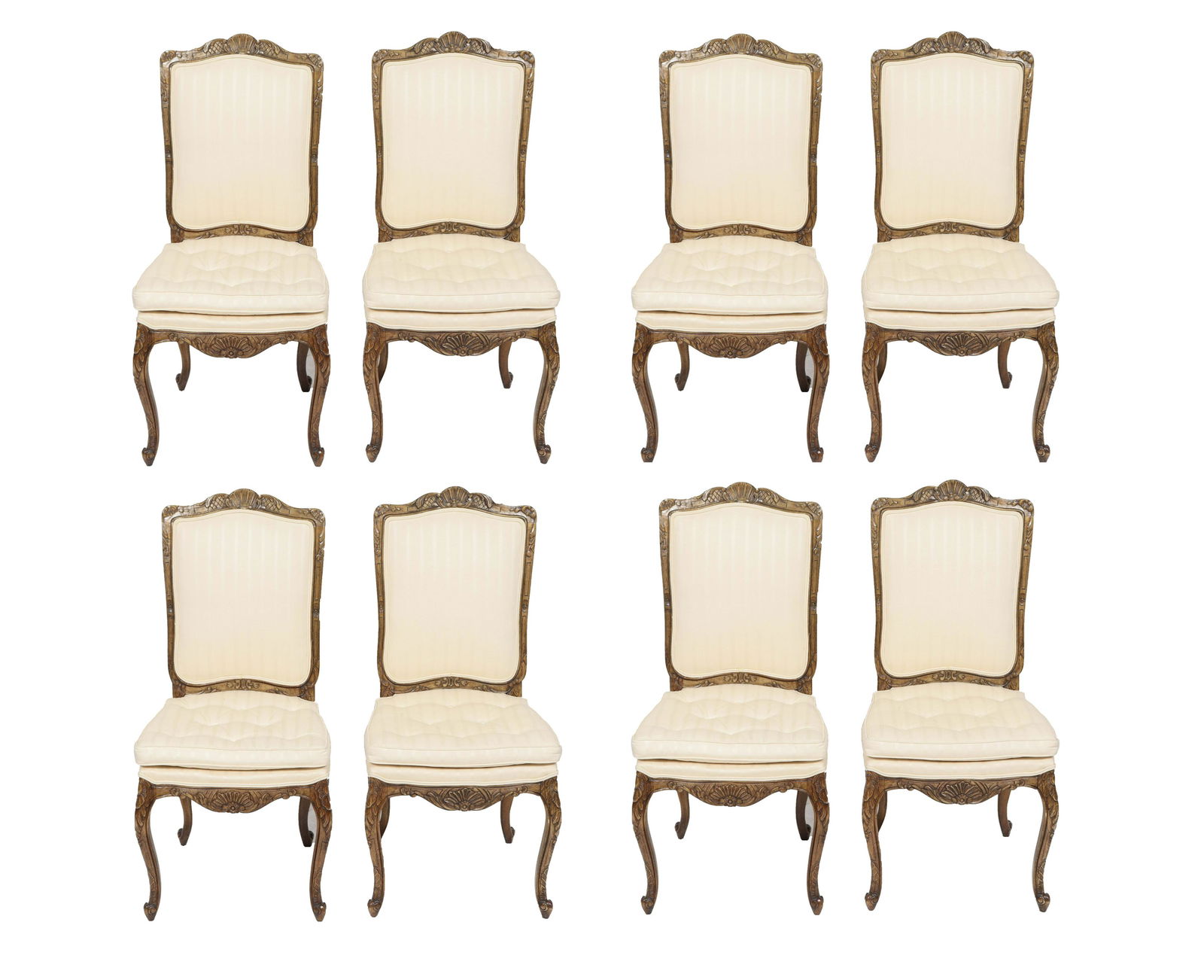 French Louis XV Style Upholstered Dining Chairs, 8: Set of eight Louis XV manner carved and upholstered dining / side chairs, 20th century. 42" H x 20" W x 21" D.