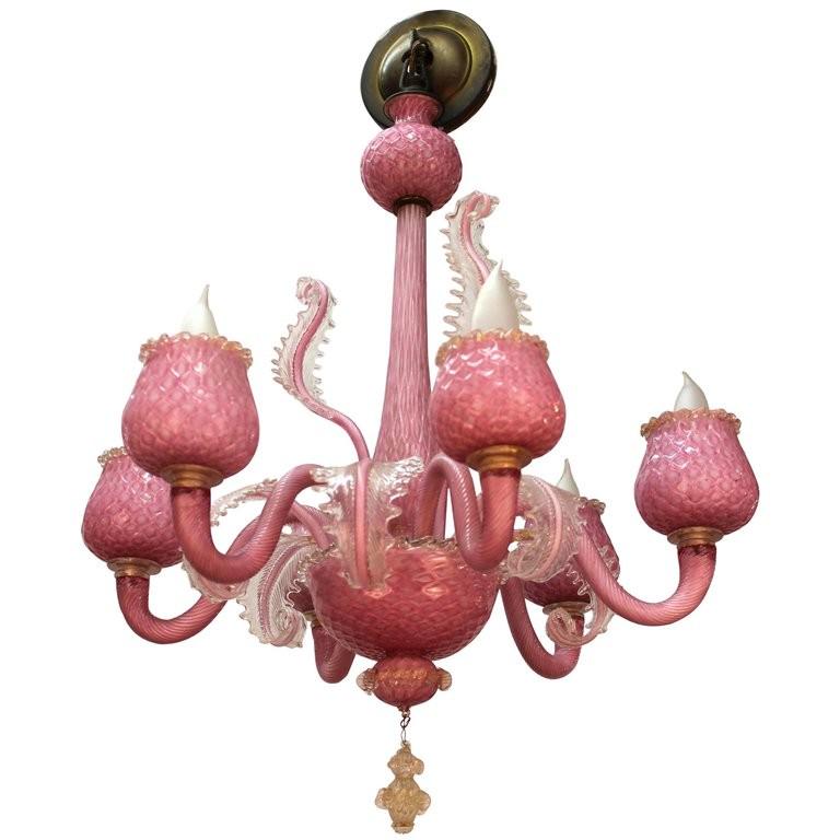 Pink Murano Glass Chandelier with Feathers: Mid-century modern pink Murano glass chandelier with five arms and feather forms. 26" H x 21" diameter.