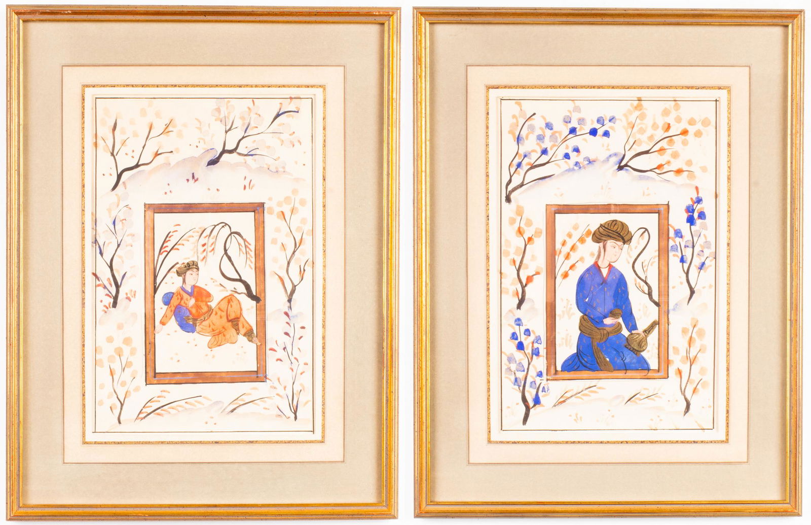 Persian Gouache on Paper, Figure in Garden, Pair (1 of 6)