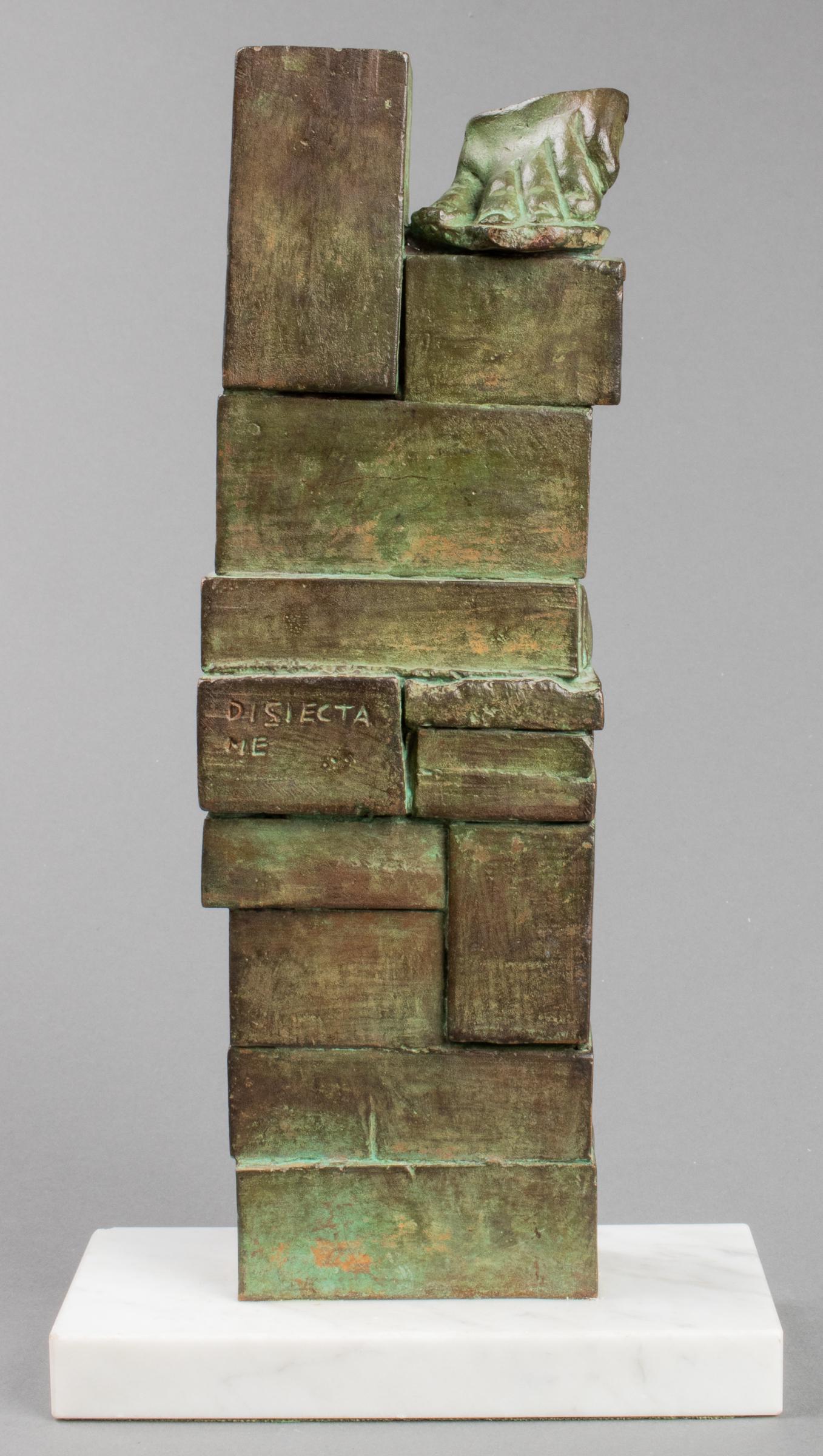Anne & Patrick Poirier "Disiecta Me" Bronze: Anne and Patrick Poirier (French, 20th century) "Disiecta Me," modern bronze sculpture, columnar stack of blocks with disembodied foot at top, bearing title inscription and encircled "FF" mark, editio
