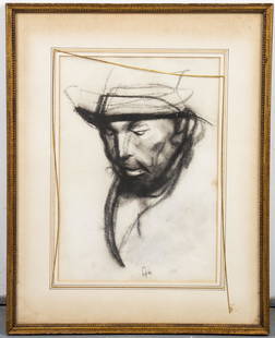 Pietro Annigoni Attrib. Portrait of a Man Charcoal: Attributed to Pietro Annigoni (Italian, 1910-1988), charcoal drawing depicting portrait of a man, bearing illegible signature "An" bottom center, frame reverse with paper clipping depicting Annigoni f