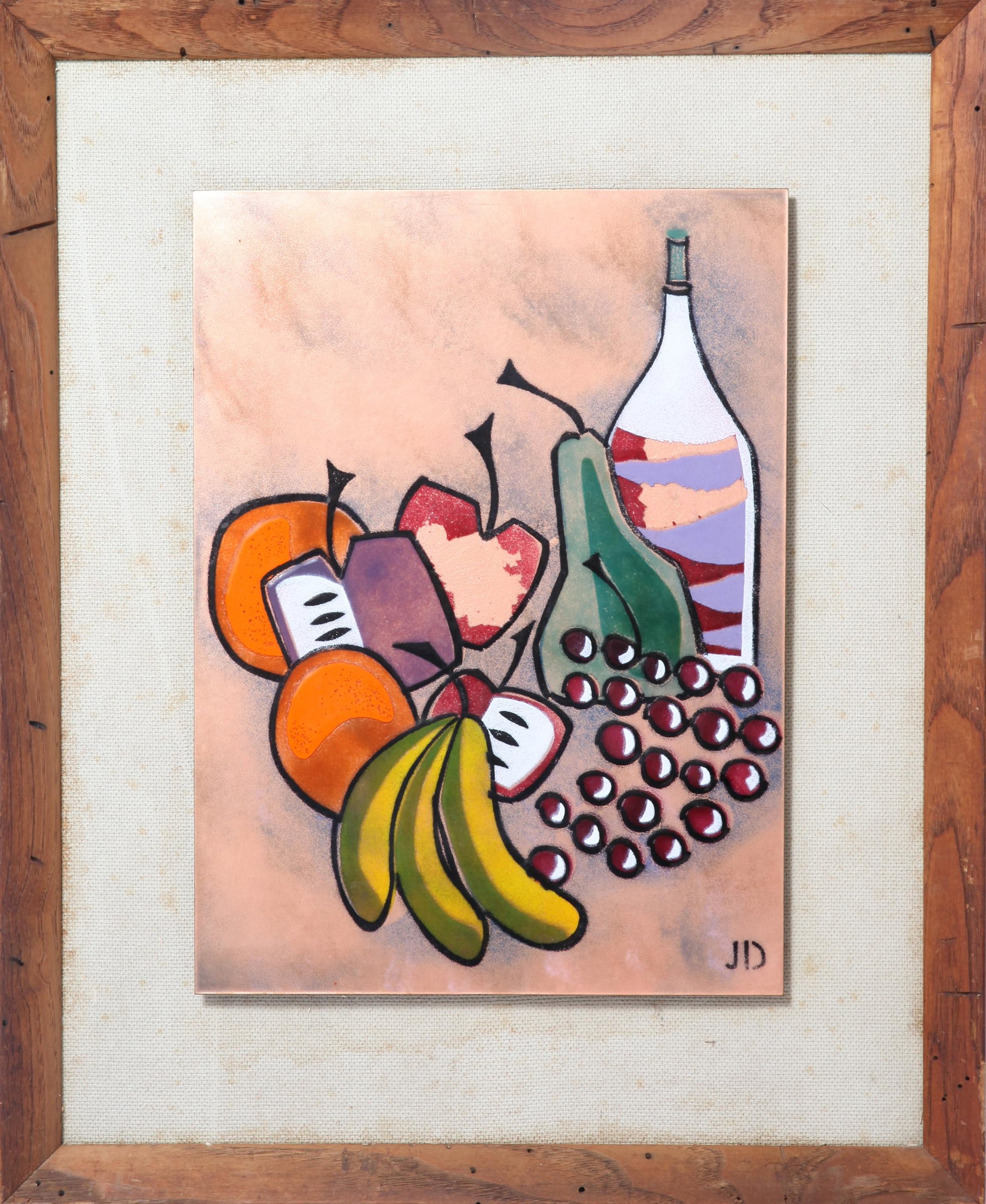 Mid-Century Enamel Still Life Plaque Signed: Mid-Century copper plaque with enamel still life of various fruits and wine bottle, mounted on board with wood frame, bottom left initialed "JD." Plaque: 115.5" H x 11.5" W; Frame: 23" H x 19" W x 1" 