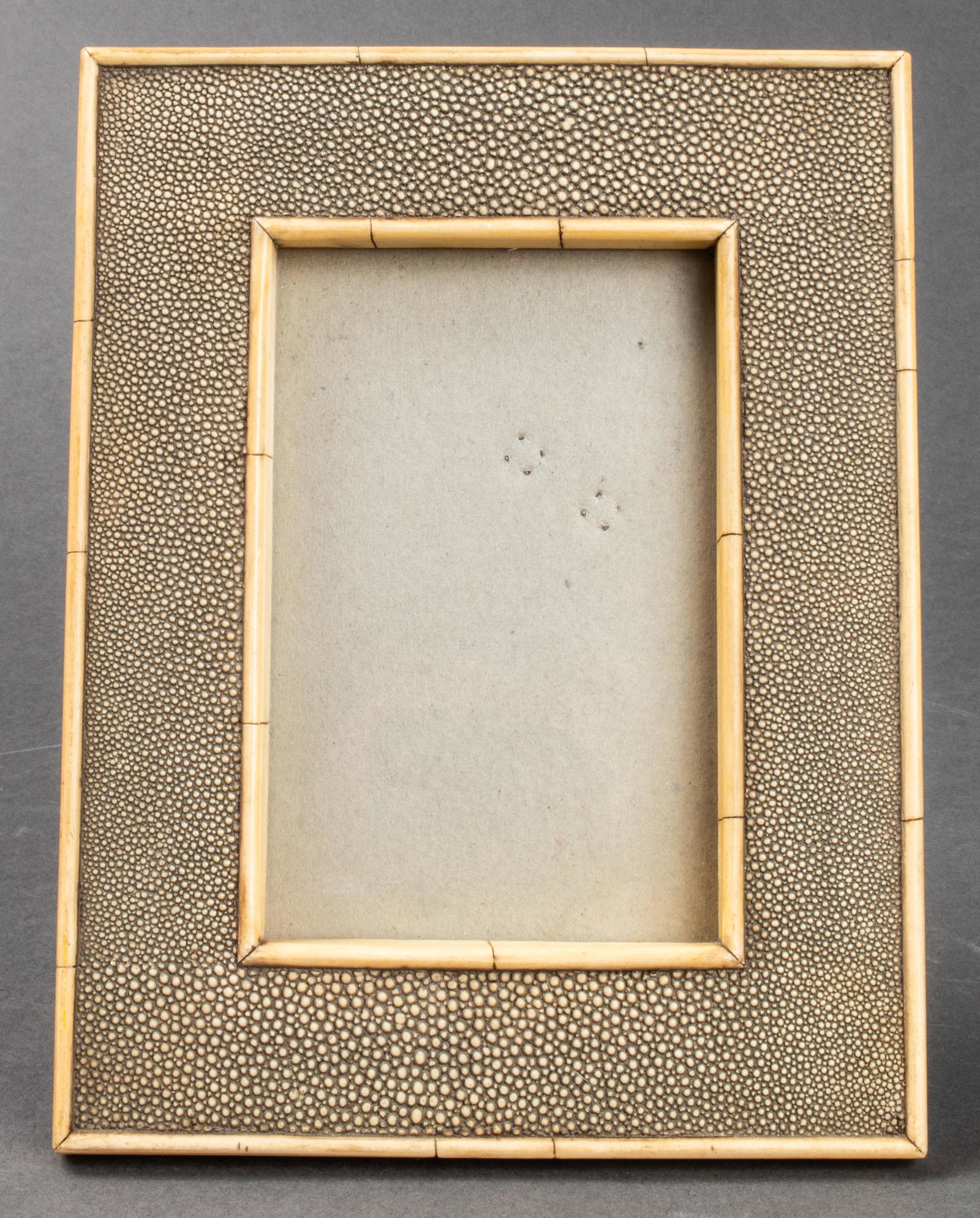 Shagreen and Bone Picture Frame: Modern shagreen and bone picture frame. Image: 5.25" H x 3.375" W; frame: 8.25" H x 6.25" W.