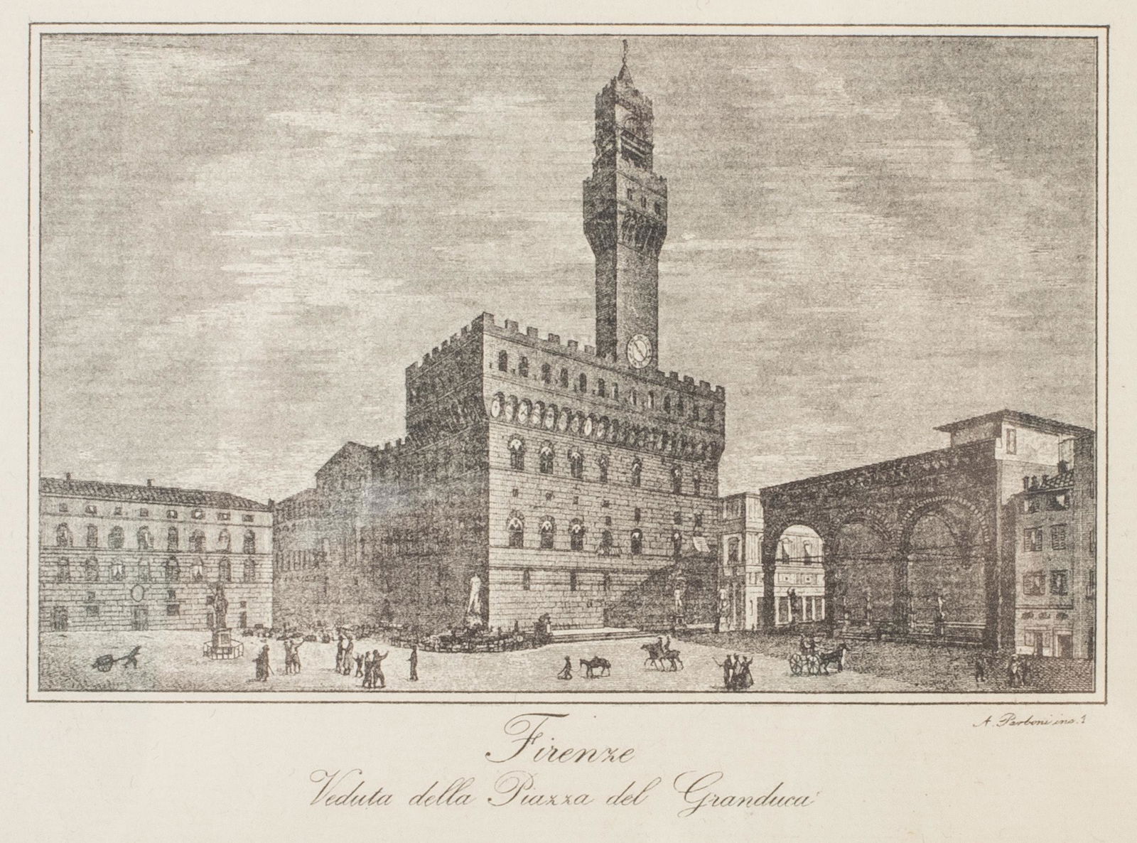 Italian Antique Etchings of Florence, Pair: A pair of antique etchings of Florence plaza scenes in gilt frames with felt lined backings, each titled lower center and signed: "A. Parboni" lower right. Gallery label to reverse. Image with margin: